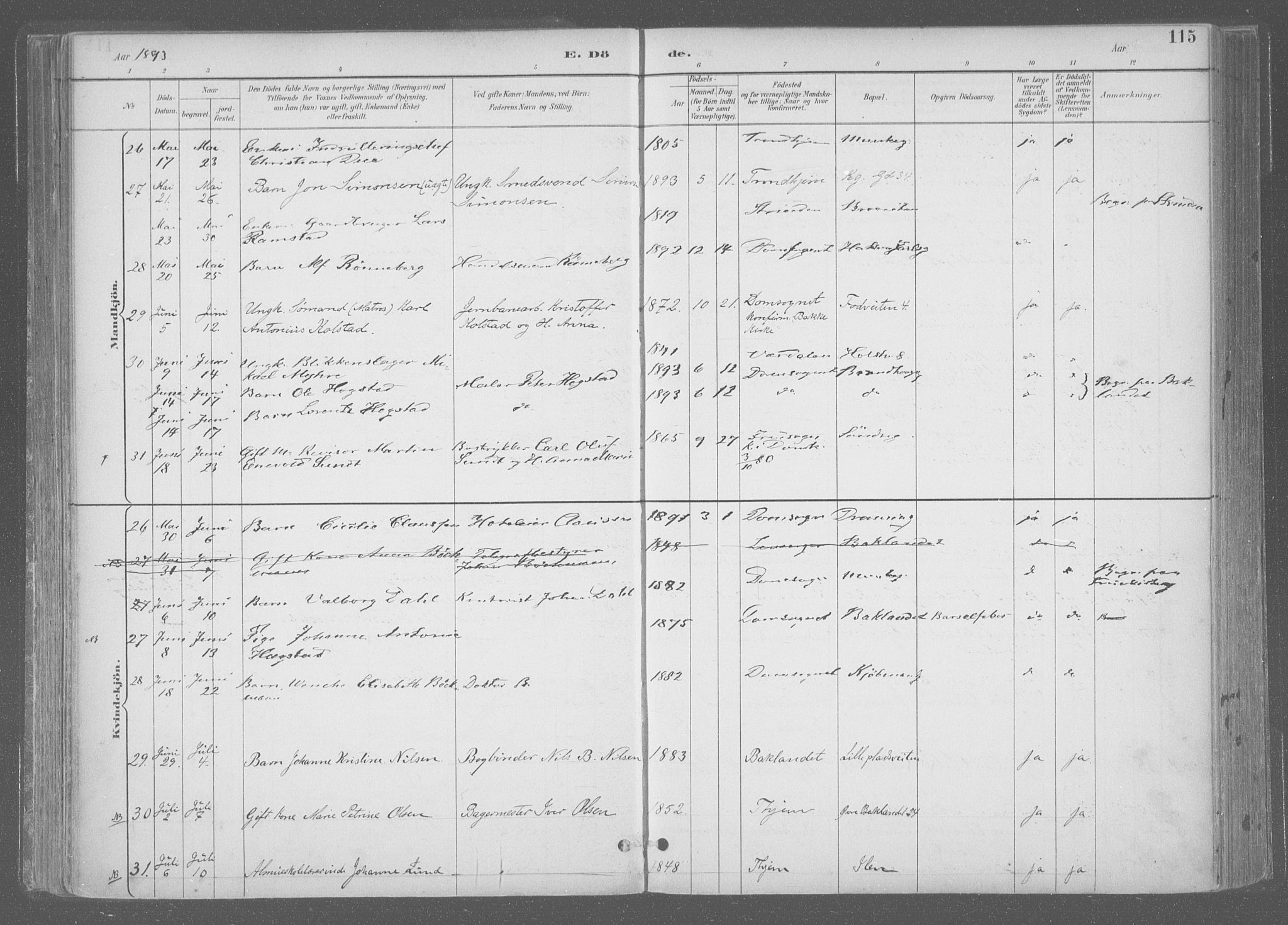 Ministerialprotokoller, klokkerbøker og fødselsregistre - Sør-Trøndelag, SAT/A-1456/601/L0064: Ministerialbok nr. 601A31, 1891-1911, s. 115