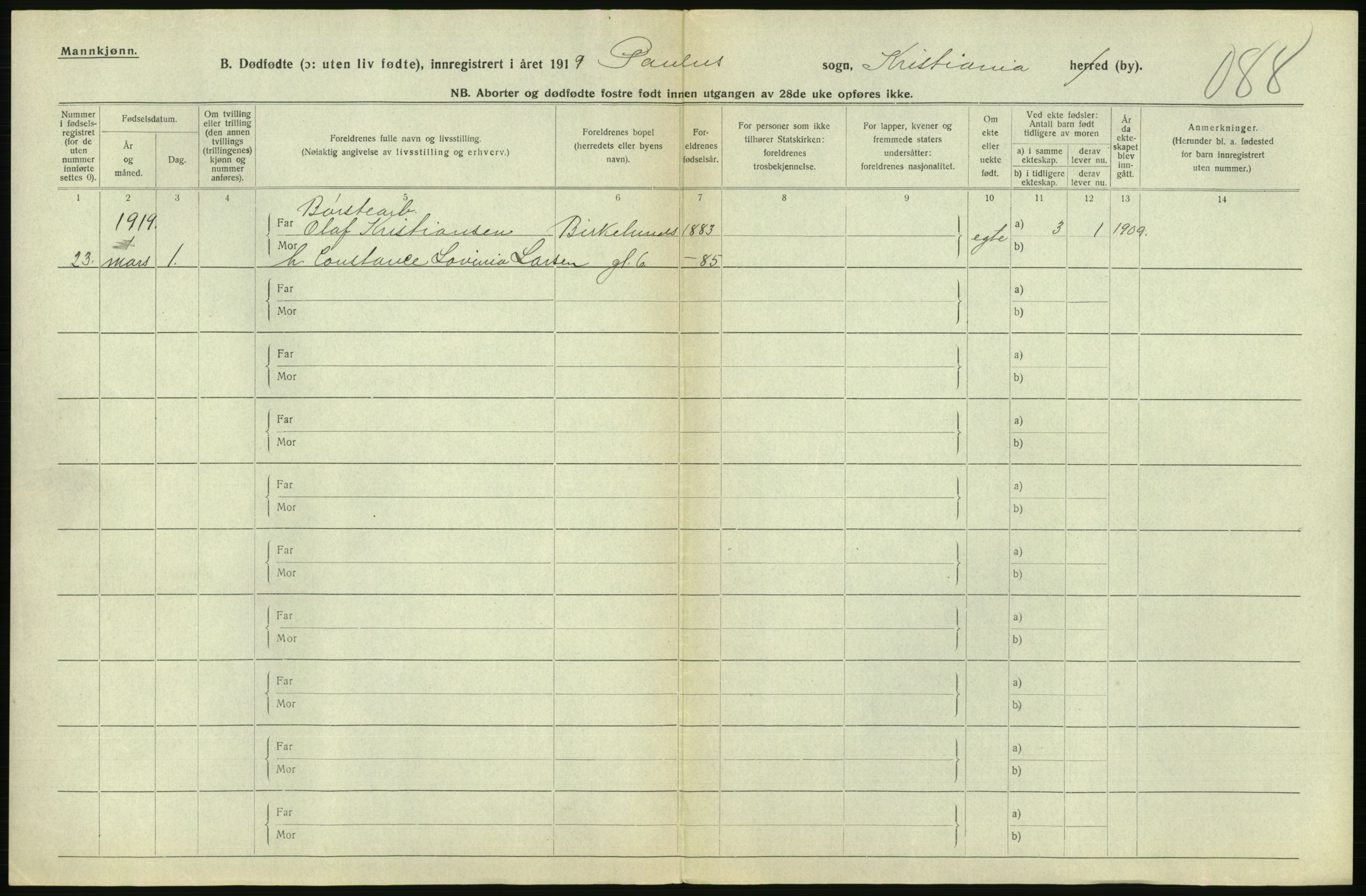 Statistisk sentralbyrå, Sosiodemografiske emner, Befolkning, AV/RA-S-2228/D/Df/Dfb/Dfbi/L0011: Kristiania: Døde, dødfødte, 1919