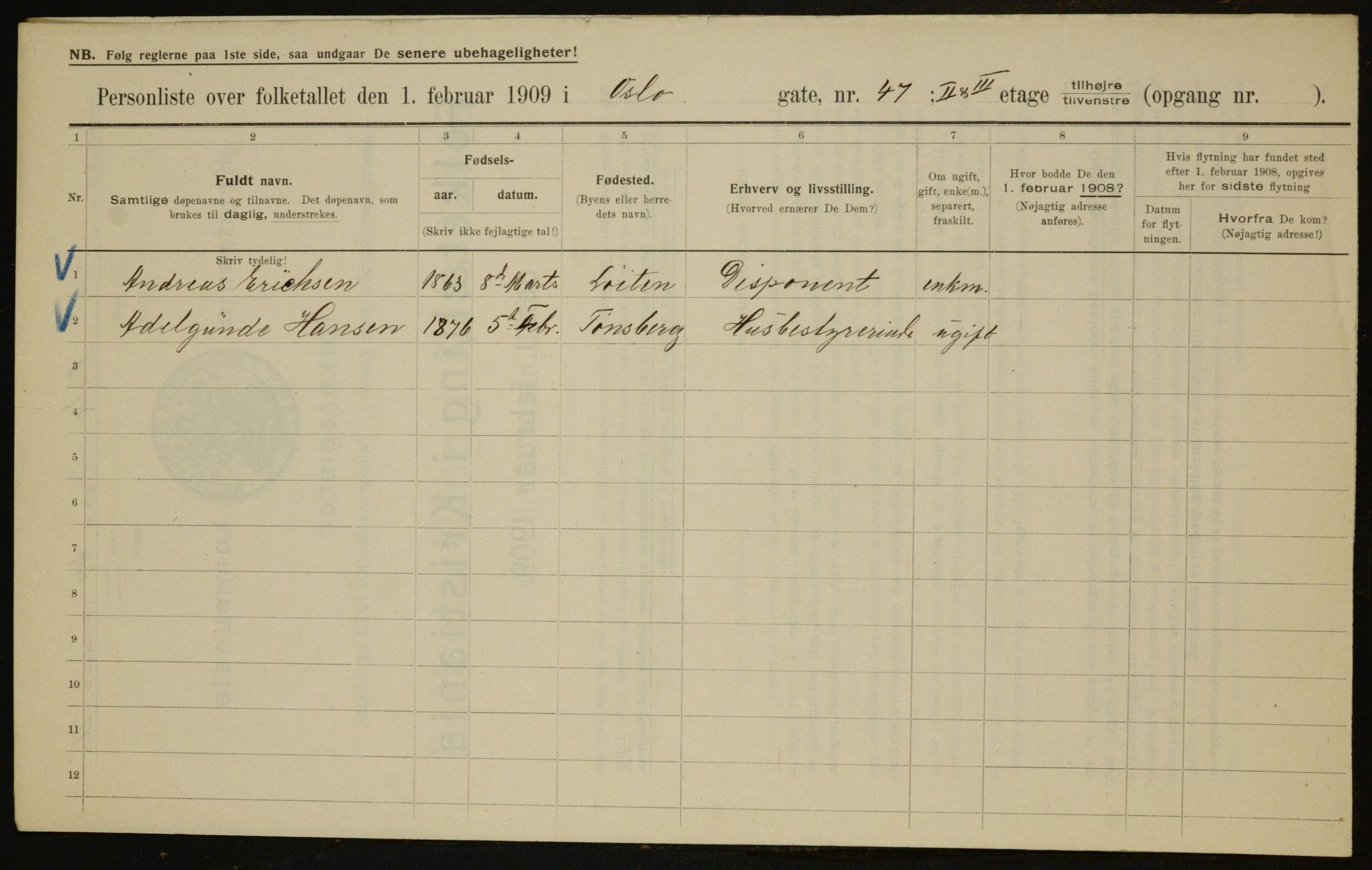 OBA, Kommunal folketelling 1.2.1909 for Kristiania kjøpstad, 1909, s. 70029