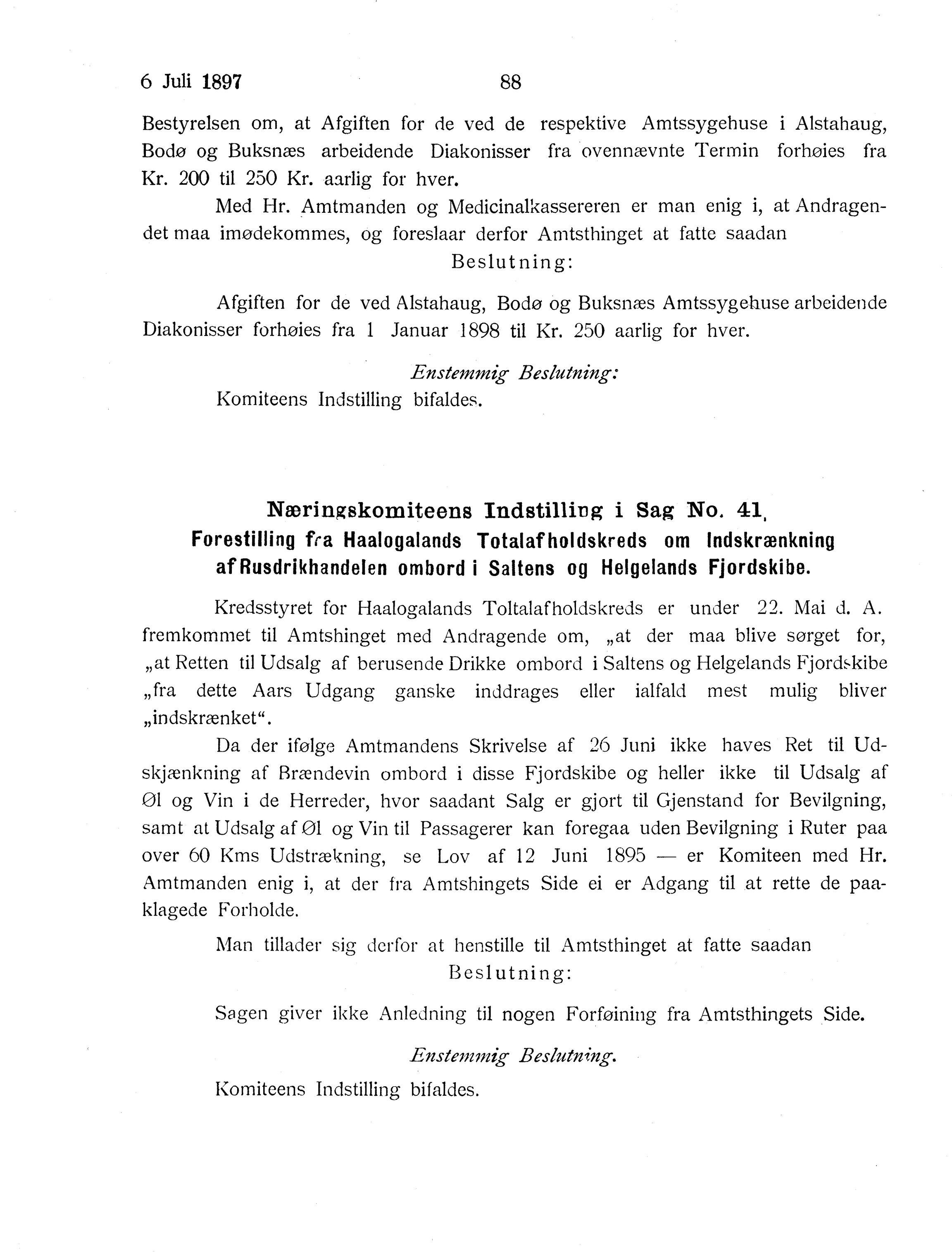 Nordland Fylkeskommune. Fylkestinget, AIN/NFK-17/176/A/Ac/L0020: Fylkestingsforhandlinger 1897, 1897