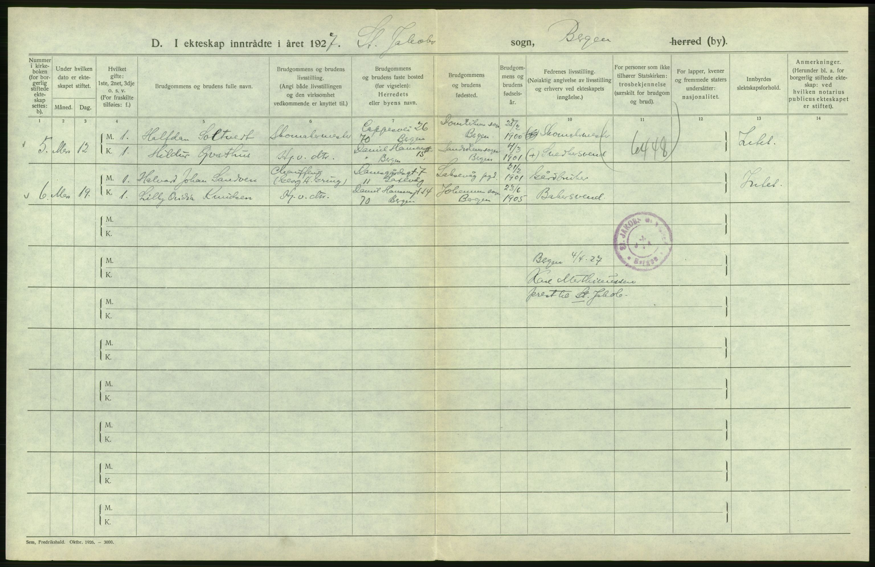 Statistisk sentralbyrå, Sosiodemografiske emner, Befolkning, AV/RA-S-2228/D/Df/Dfc/Dfcg/L0028: Bergen: Gifte, døde., 1927, s. 276