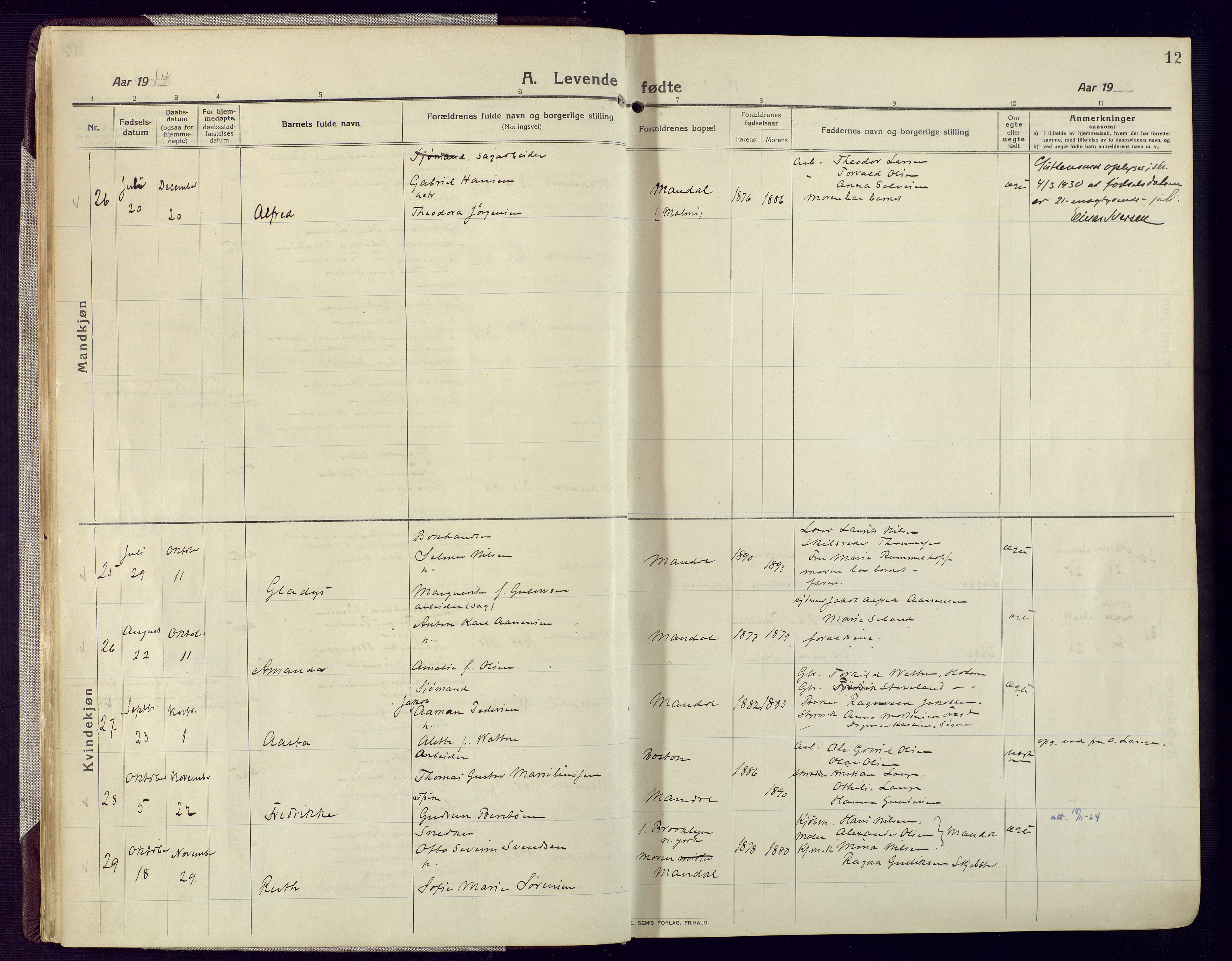 Mandal sokneprestkontor, AV/SAK-1111-0030/F/Fa/Fac/L0001: Ministerialbok nr. A 1, 1913-1925, s. 12