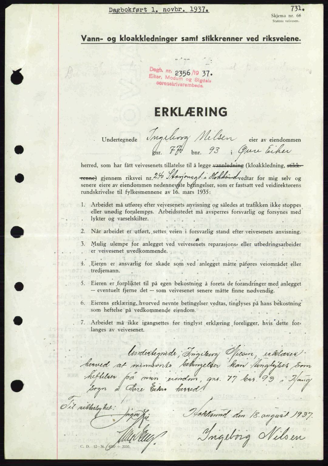 Eiker, Modum og Sigdal sorenskriveri, SAKO/A-123/G/Ga/Gab/L0036: Pantebok nr. A6, 1937-1937, Dagboknr: 2356/1937