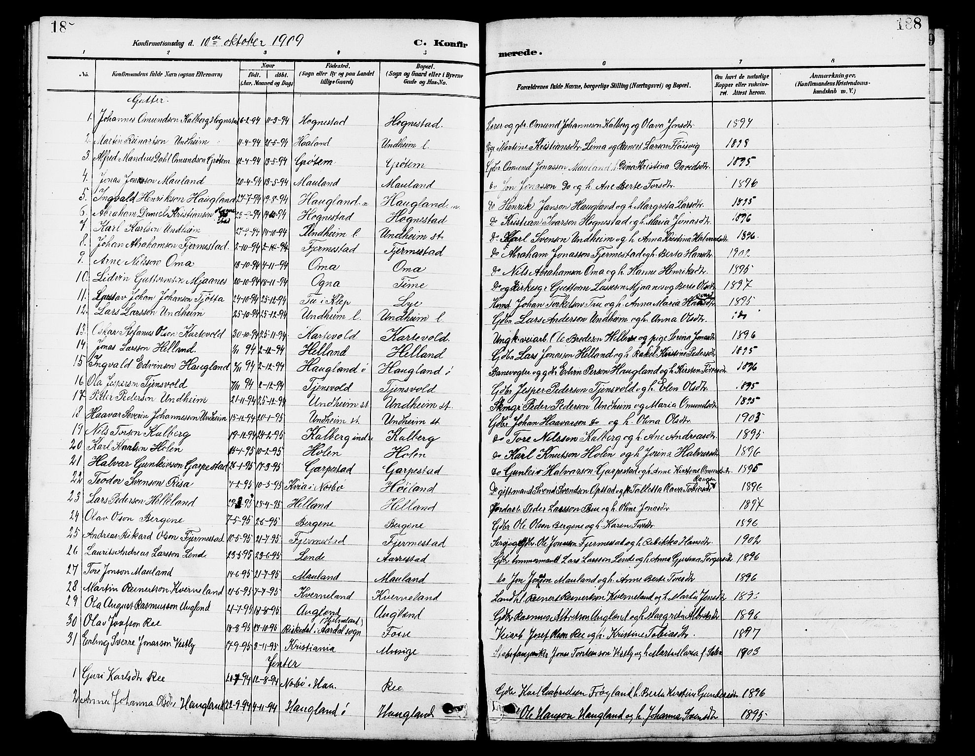 Lye sokneprestkontor, AV/SAST-A-101794/001/30BB/L0007: Klokkerbok nr. B 8, 1889-1909, s. 188