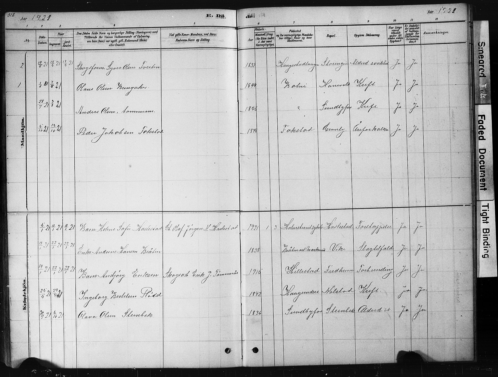 Hof kirkebøker, AV/SAKO-A-64/G/Ga/L0004: Klokkerbok nr. I 4, 1878-1930, s. 312