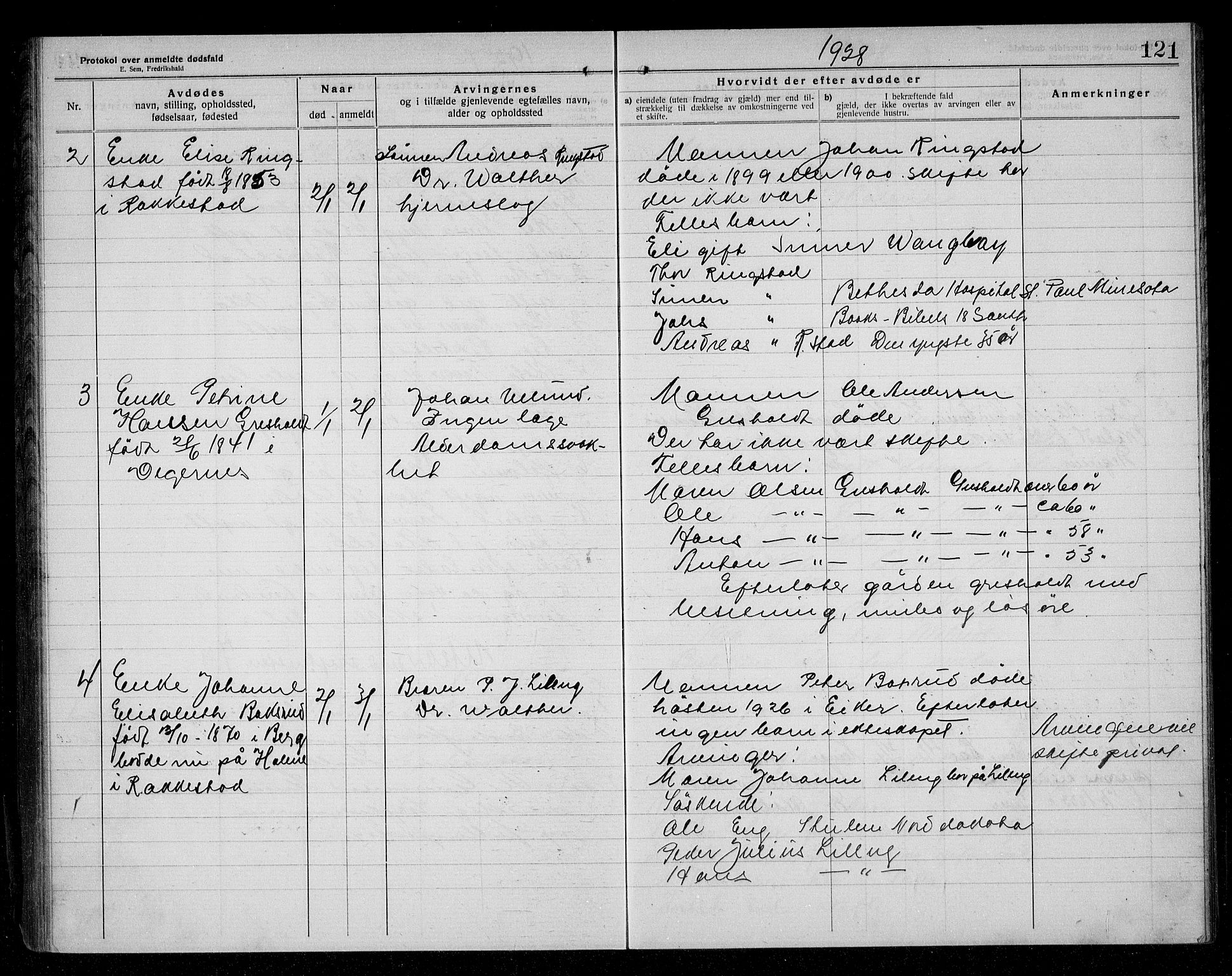 Rakkestad lensmannskontor, AV/SAO-A-10004/H/Ha/Haa/L0004: Dødsanmeldelsesprotokoll, 1920-1931, s. 121