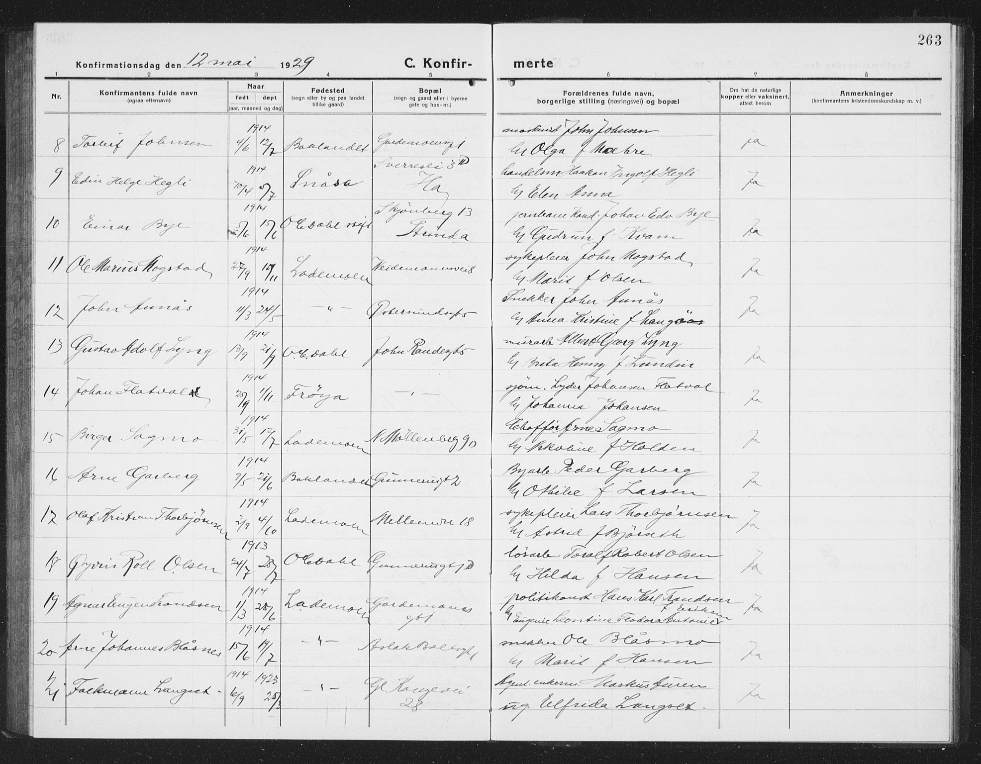 Ministerialprotokoller, klokkerbøker og fødselsregistre - Sør-Trøndelag, SAT/A-1456/605/L0258: Klokkerbok nr. 605C05, 1918-1930, s. 263