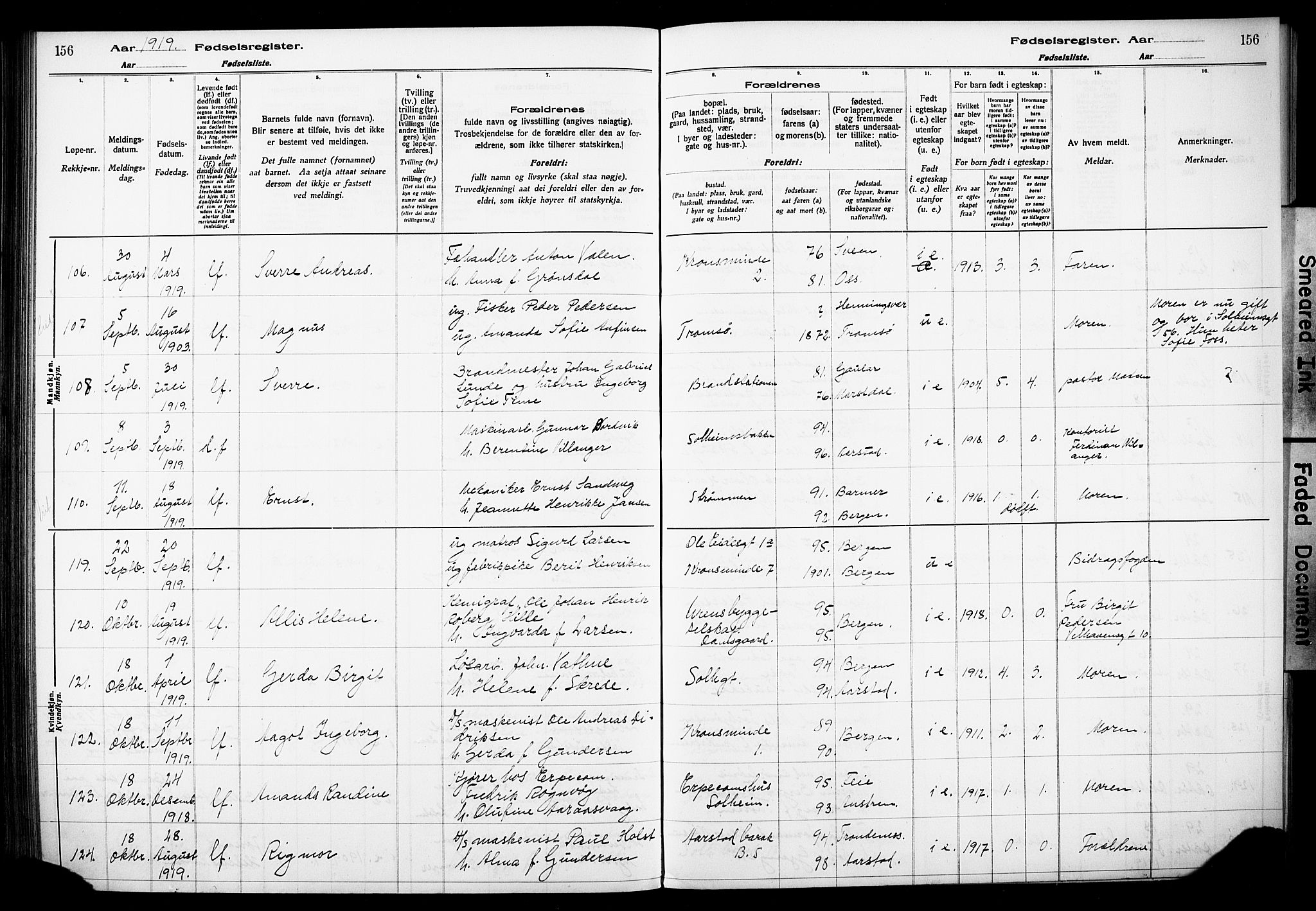 Årstad Sokneprestembete, SAB/A-79301/I/Id/L0A01: Fødselsregister nr. A 1, 1916-1920, s. 156