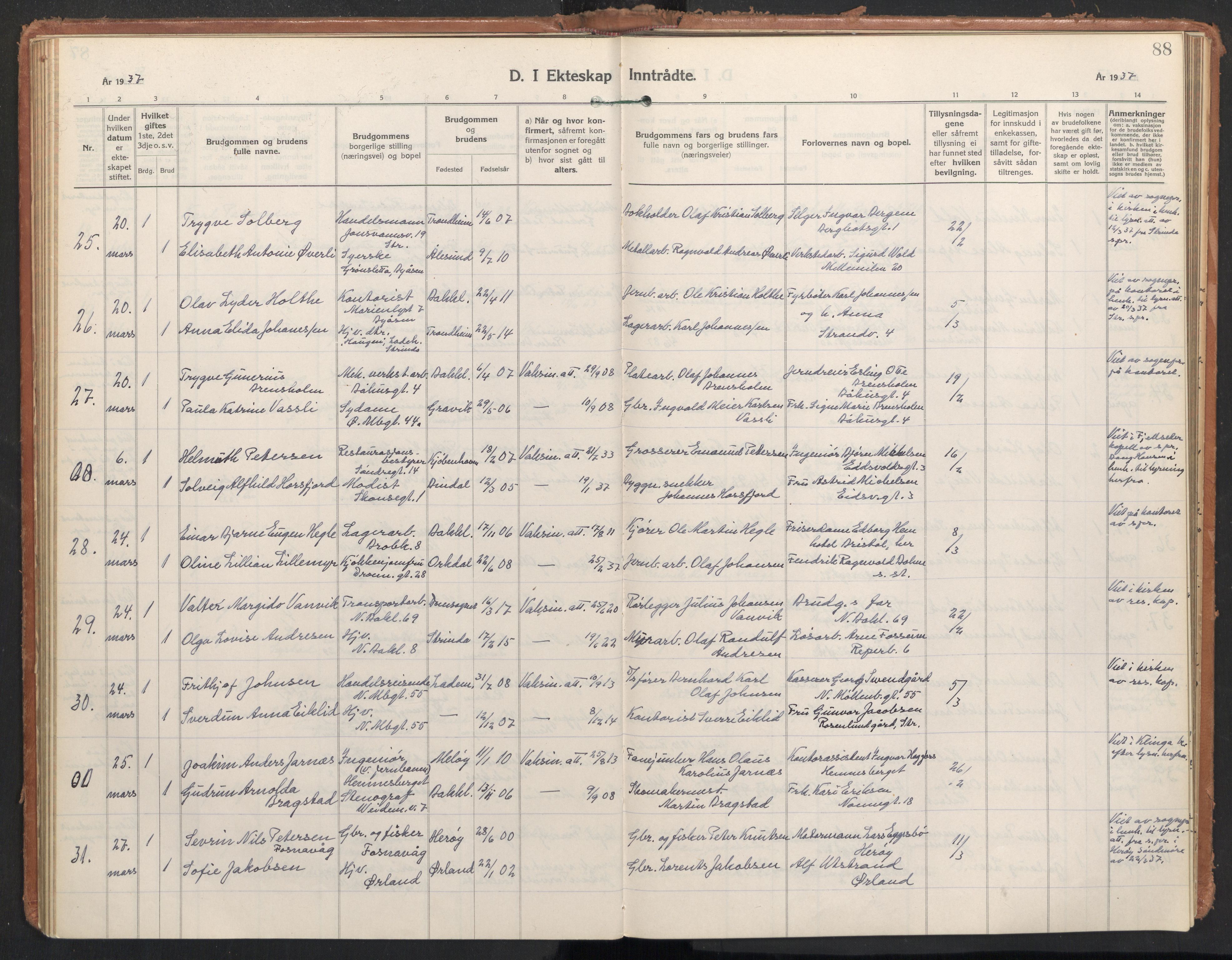 Ministerialprotokoller, klokkerbøker og fødselsregistre - Sør-Trøndelag, AV/SAT-A-1456/604/L0209: Ministerialbok nr. 604A29, 1931-1945, s. 88