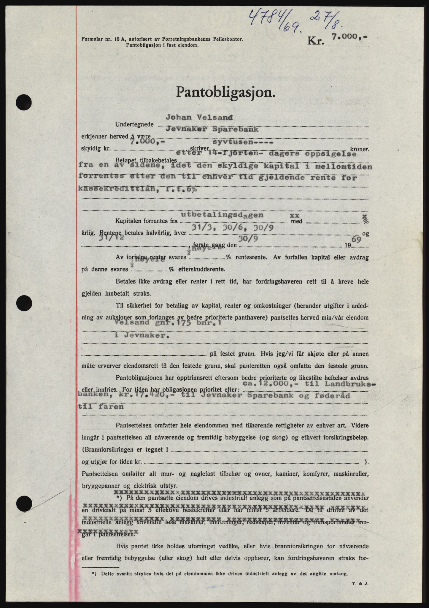 Hadeland og Land tingrett, SAH/TING-010/H/Hb/Hbc/L0074: Pantebok nr. B74, 1969-1969, Dagboknr: 4784/1969