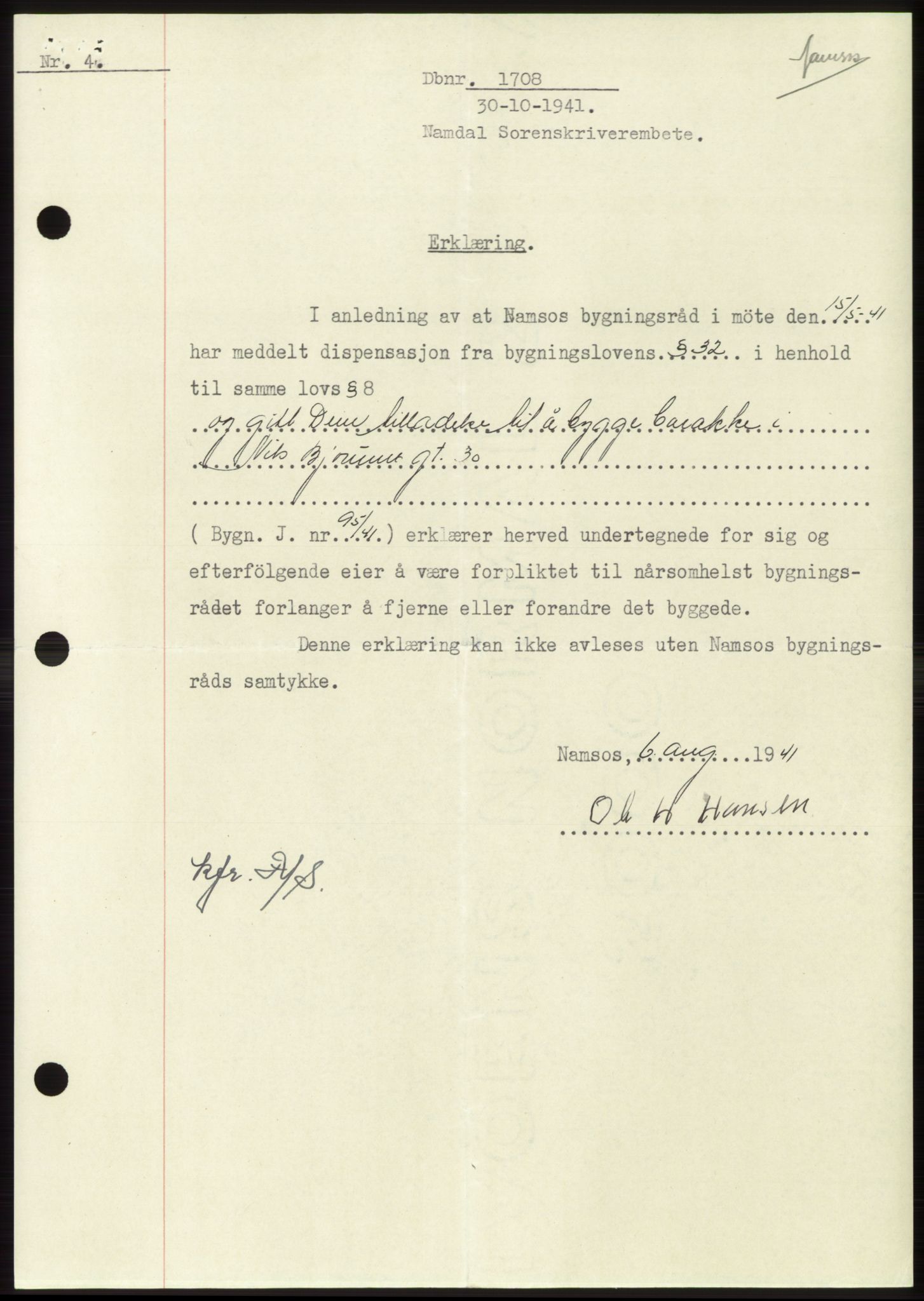 Namdal sorenskriveri, SAT/A-4133/1/2/2C: Pantebok nr. -, 1941-1942, Dagboknr: 1708/1941