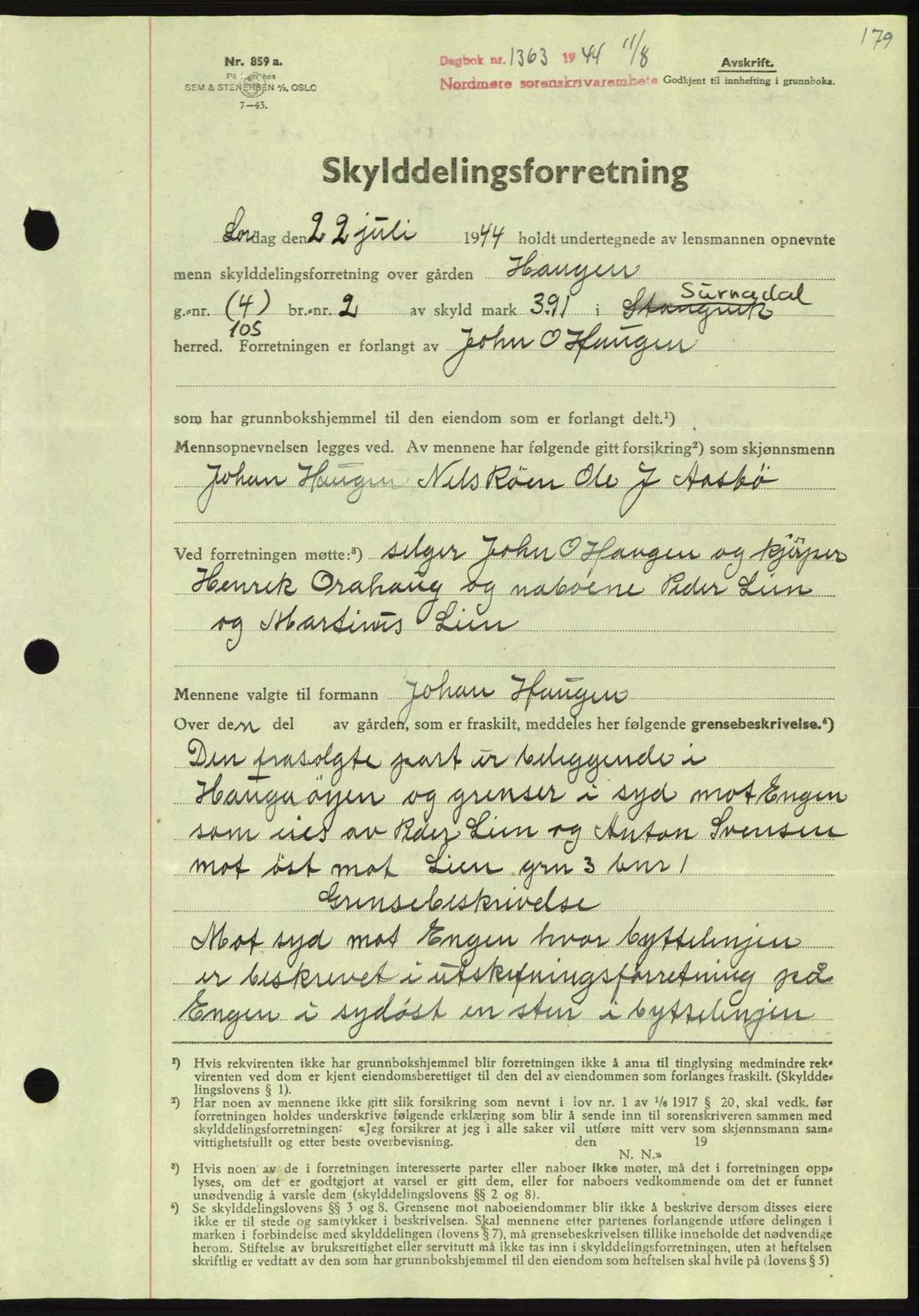 Nordmøre sorenskriveri, SAT/A-4132/1/2/2Ca: Pantebok nr. A98, 1944-1944, Dagboknr: 1363/1944