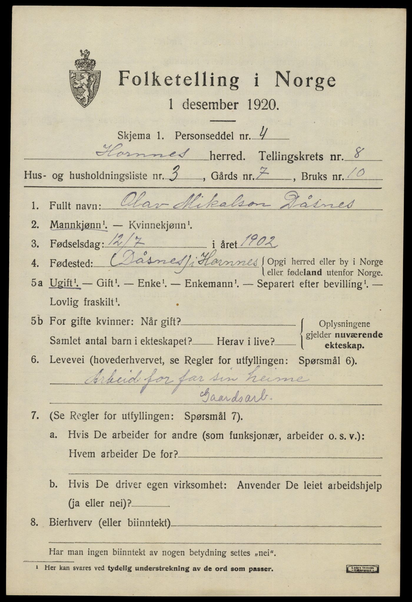 SAK, Folketelling 1920 for 0936 Hornnes herred, 1920, s. 1805