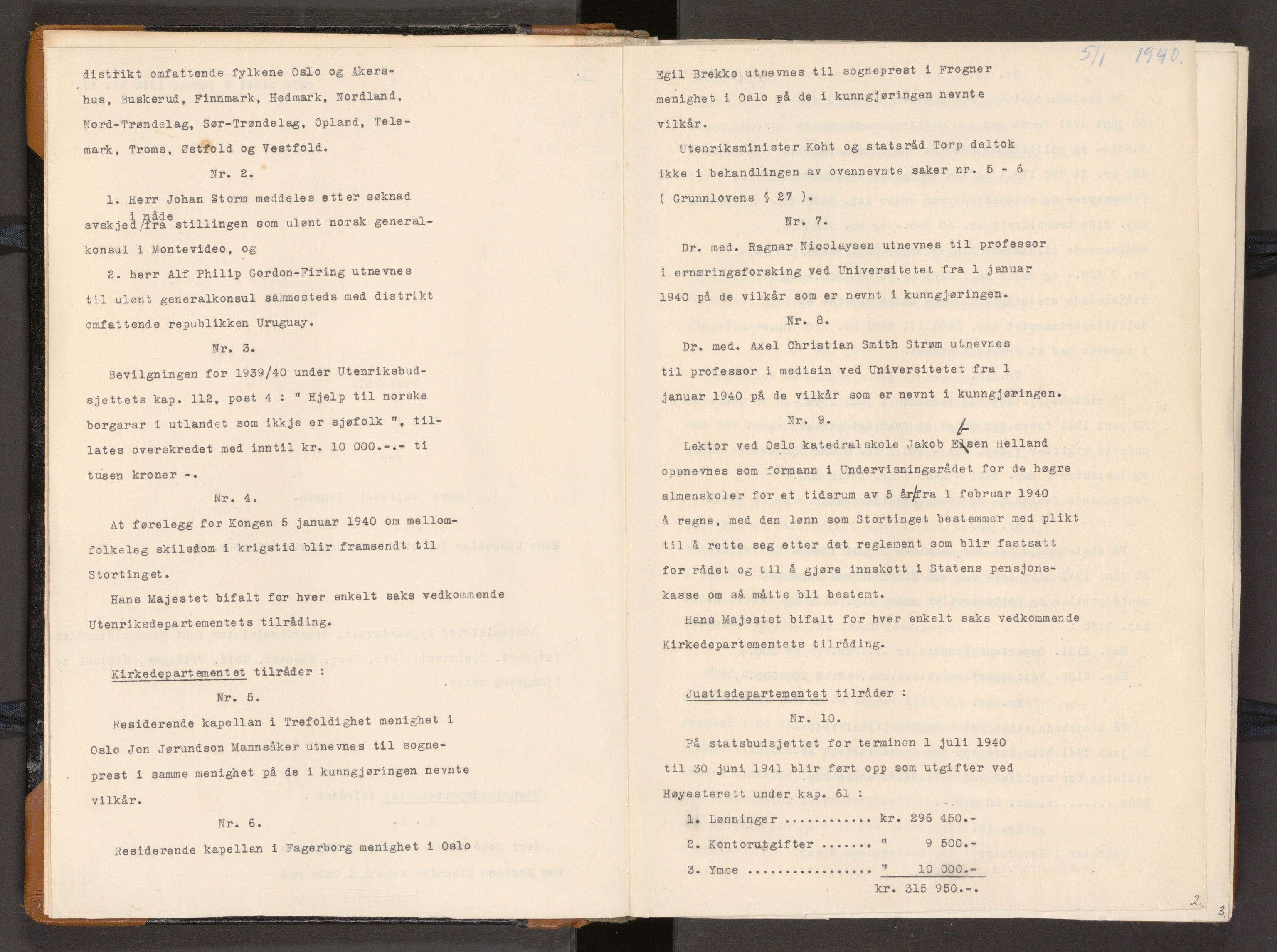 Statsrådssekretariatet, AV/RA-S-1001/A/Ac/L0121: Kgl. res. nr. 1-933 med register, 5/1-5/4, 1940