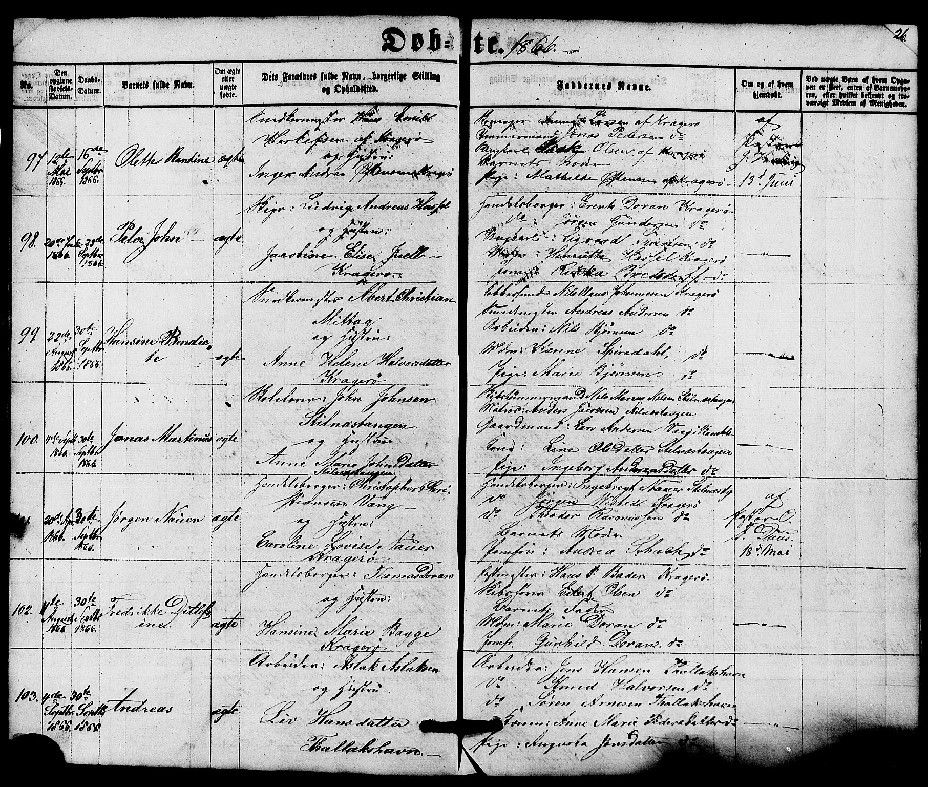 Kragerø kirkebøker, AV/SAKO-A-278/G/Ga/L0005: Klokkerbok nr. 5, 1865-1881, s. 26