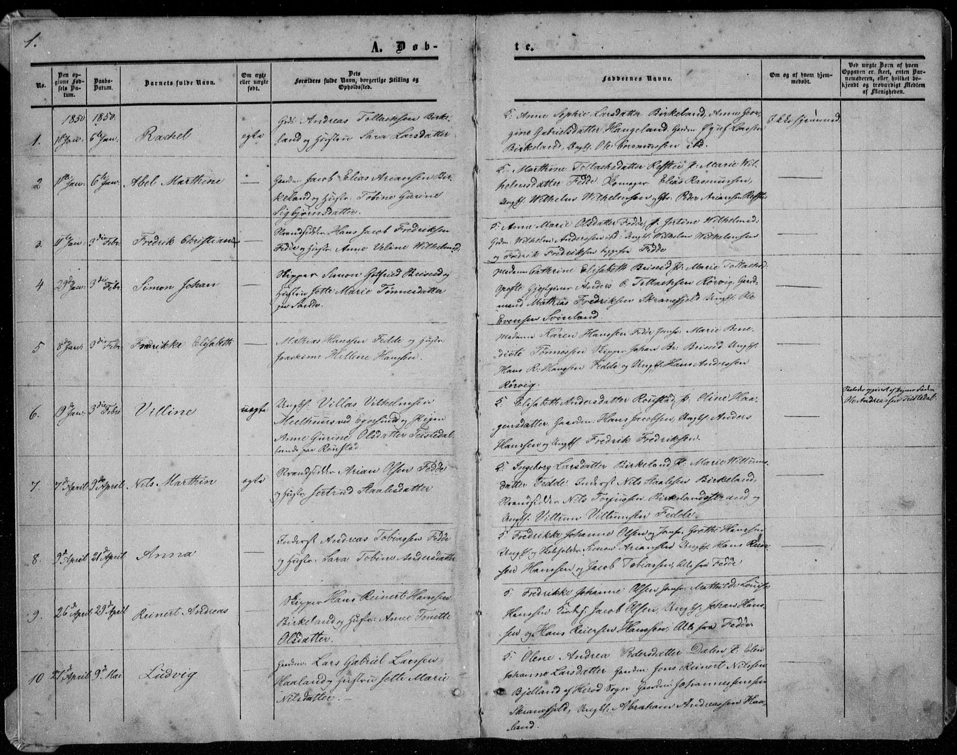 Kvinesdal sokneprestkontor, SAK/1111-0026/F/Fa/Faa/L0002: Ministerialbok nr. A 2, 1850-1876, s. 1