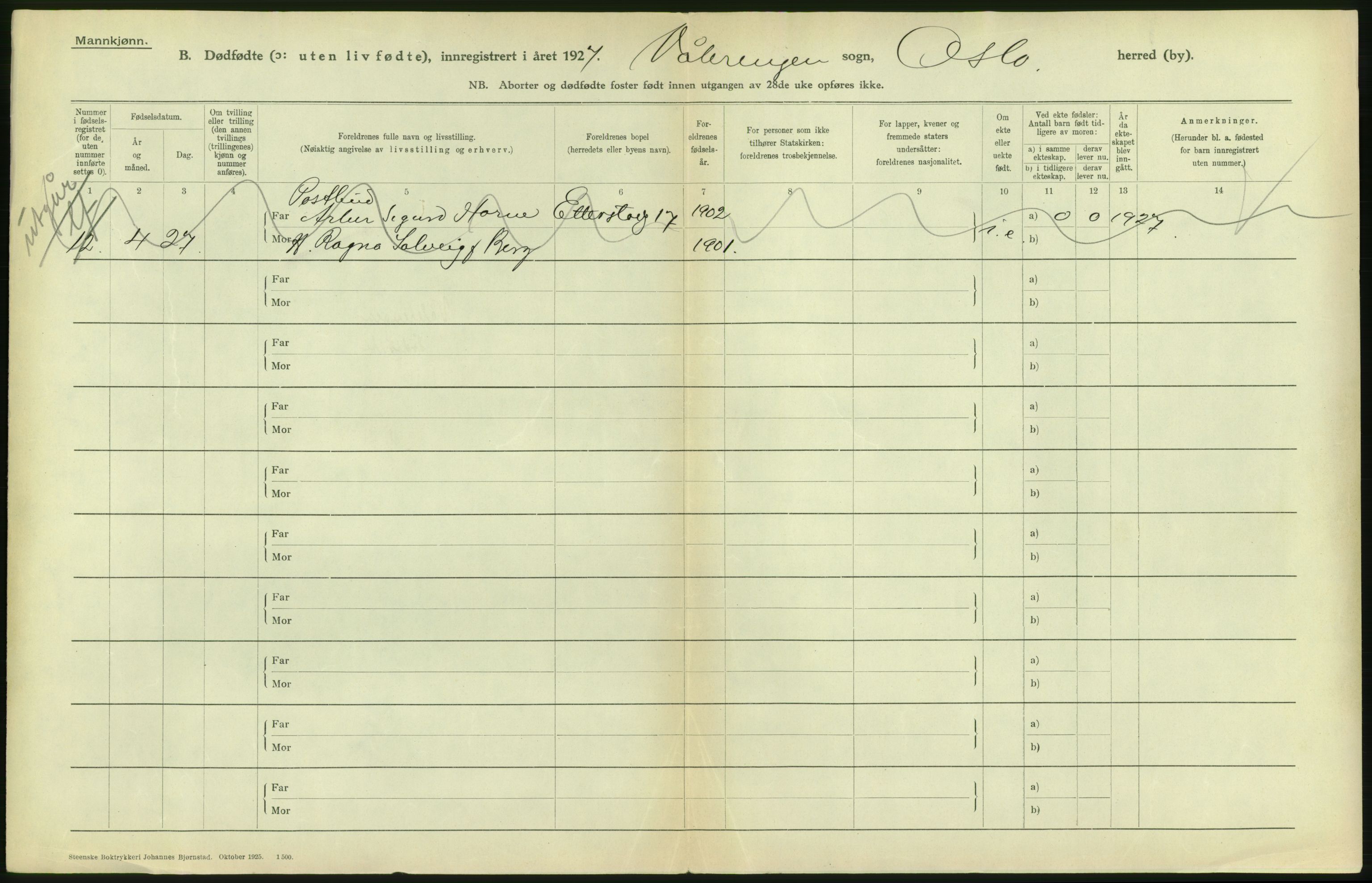 Statistisk sentralbyrå, Sosiodemografiske emner, Befolkning, RA/S-2228/D/Df/Dfc/Dfcg/L0010: Oslo: Døde kvinner, dødfødte, 1927, s. 102