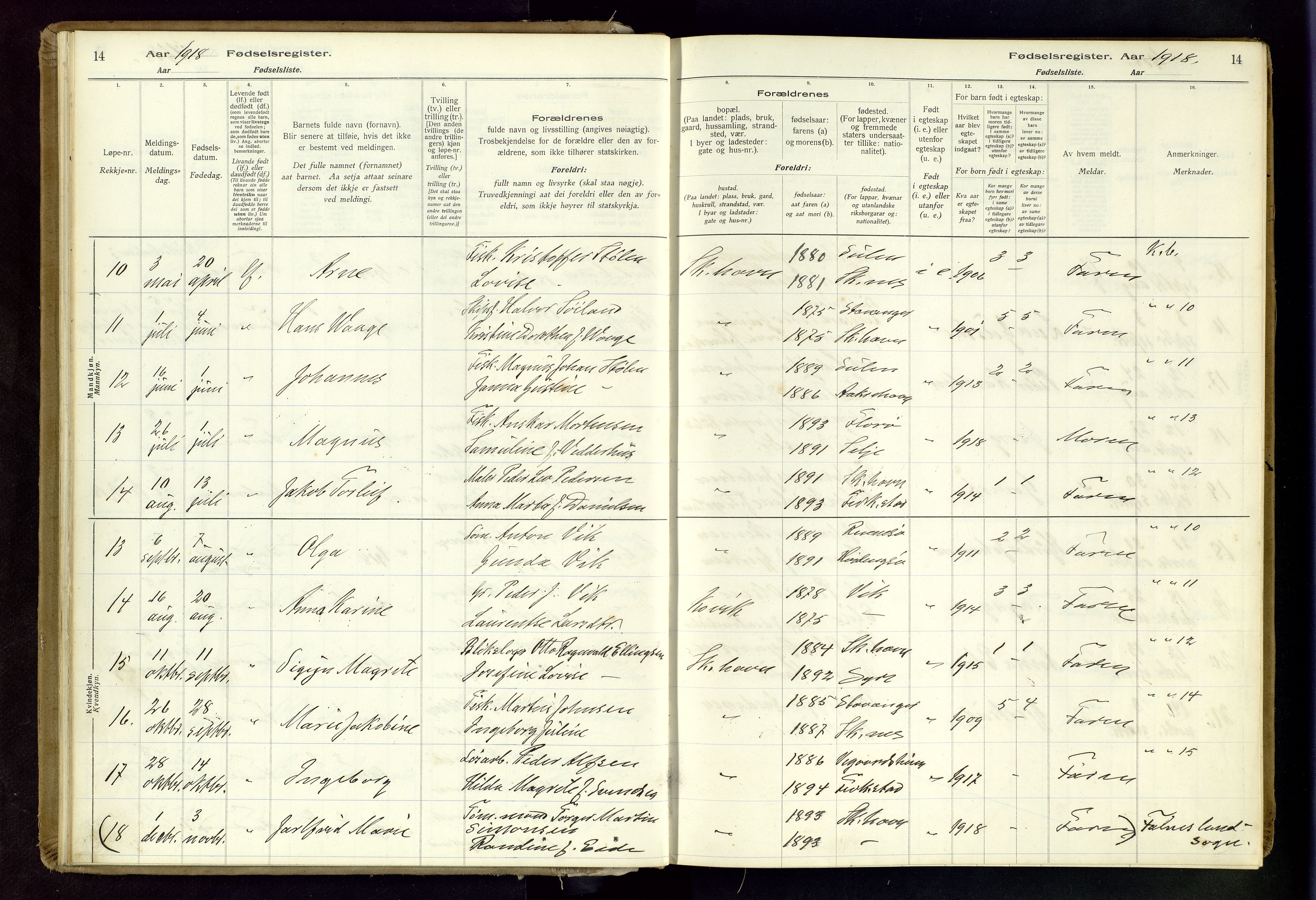Skudenes sokneprestkontor, AV/SAST-A -101849/I/Id/L0003: Fødselsregister nr. 3, 1916-1964, s. 14