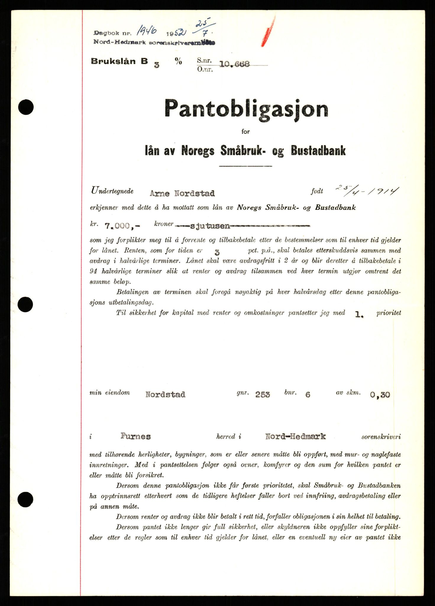 Nord-Hedmark sorenskriveri, SAH/TING-012/H/Hb/Hbf/L0025: Pantebok nr. B25, 1952-1952, Dagboknr: 1946/1952