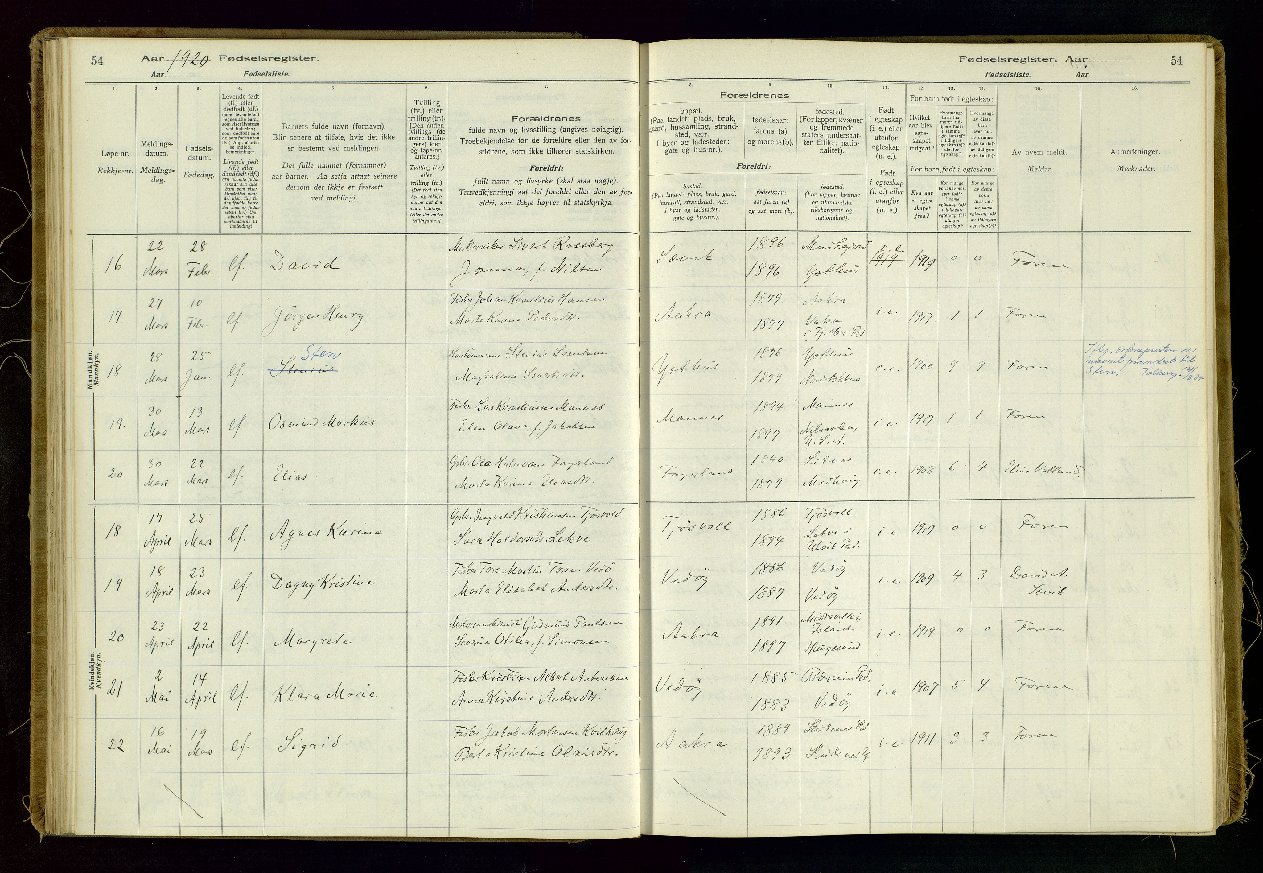 Kopervik sokneprestkontor, AV/SAST-A-101850/I/Id/L0006: Fødselsregister nr. 6, 1916-1934, s. 54