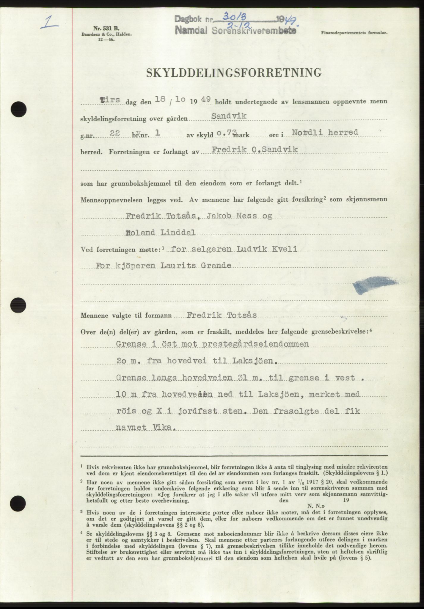 Namdal sorenskriveri, SAT/A-4133/1/2/2C: Pantebok nr. -, 1949-1949, Dagboknr: 3013/1949