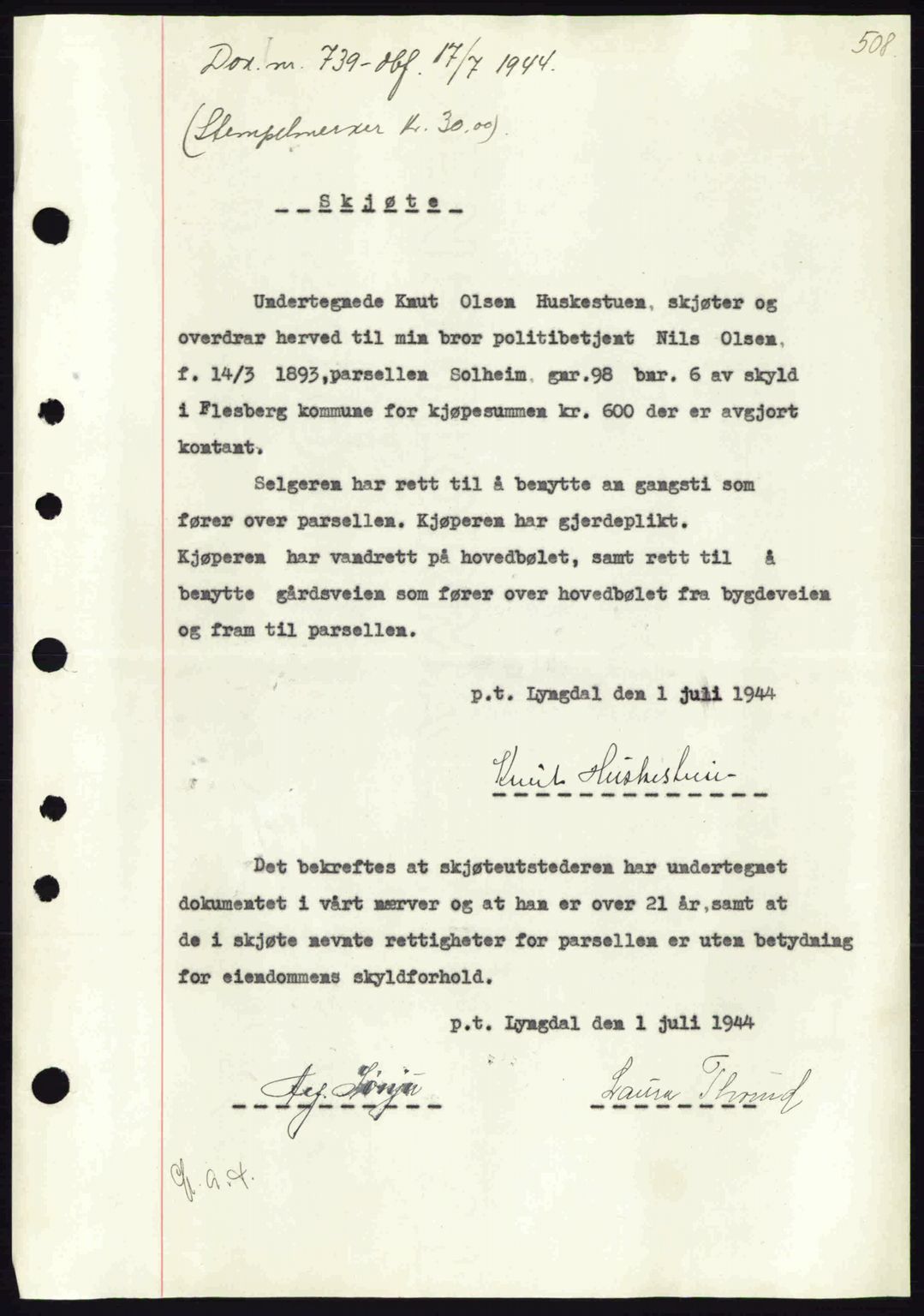 Numedal og Sandsvær sorenskriveri, SAKO/A-128/G/Ga/Gaa/L0055: Pantebok nr. A7, 1943-1944, Dagboknr: 739/1944