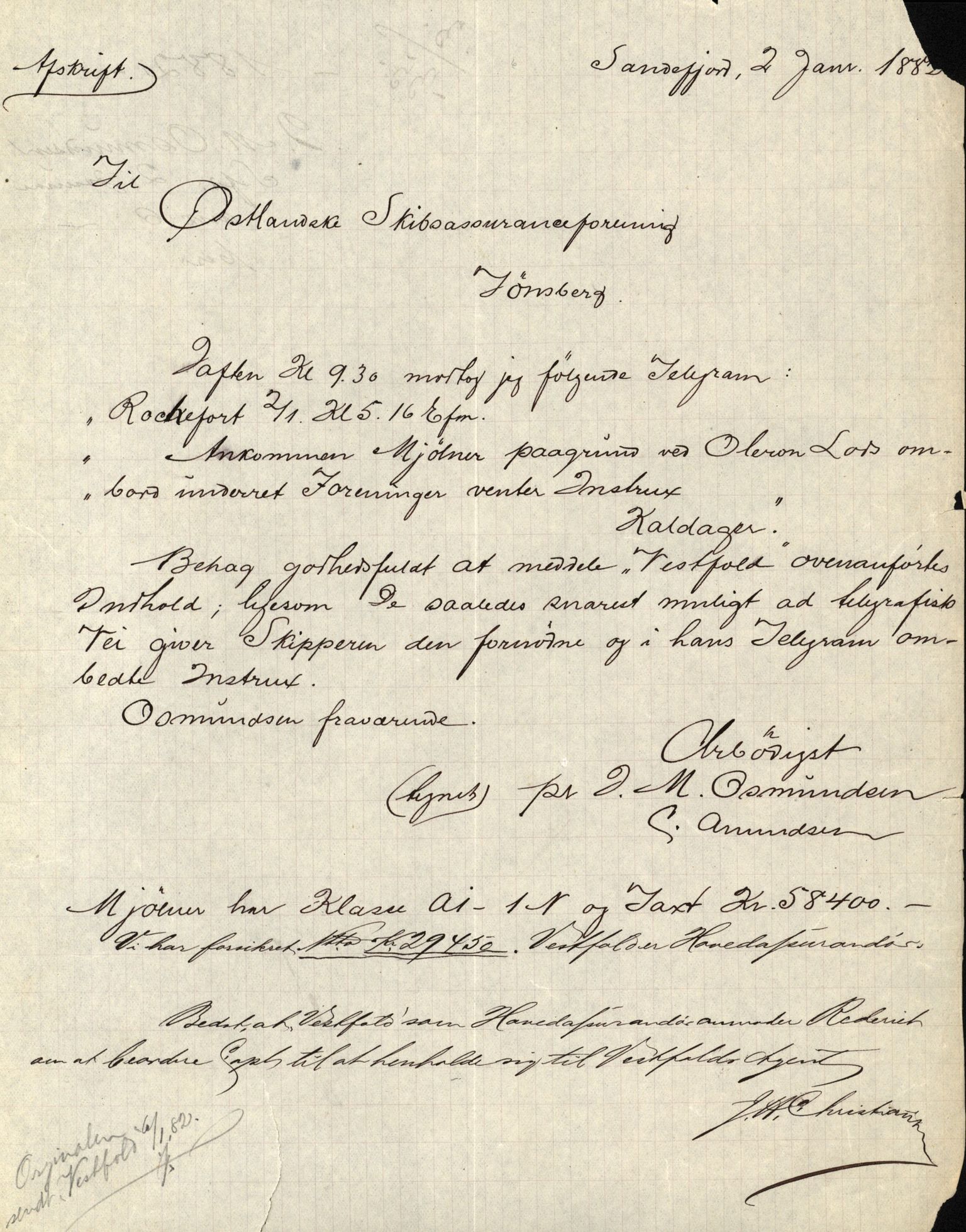 Pa 63 - Østlandske skibsassuranceforening, VEMU/A-1079/G/Ga/L0015/0005: Havaridokumenter / Harmoni, Henrik Wergeland, Mjølner, Lindesnæs, 1882, s. 21