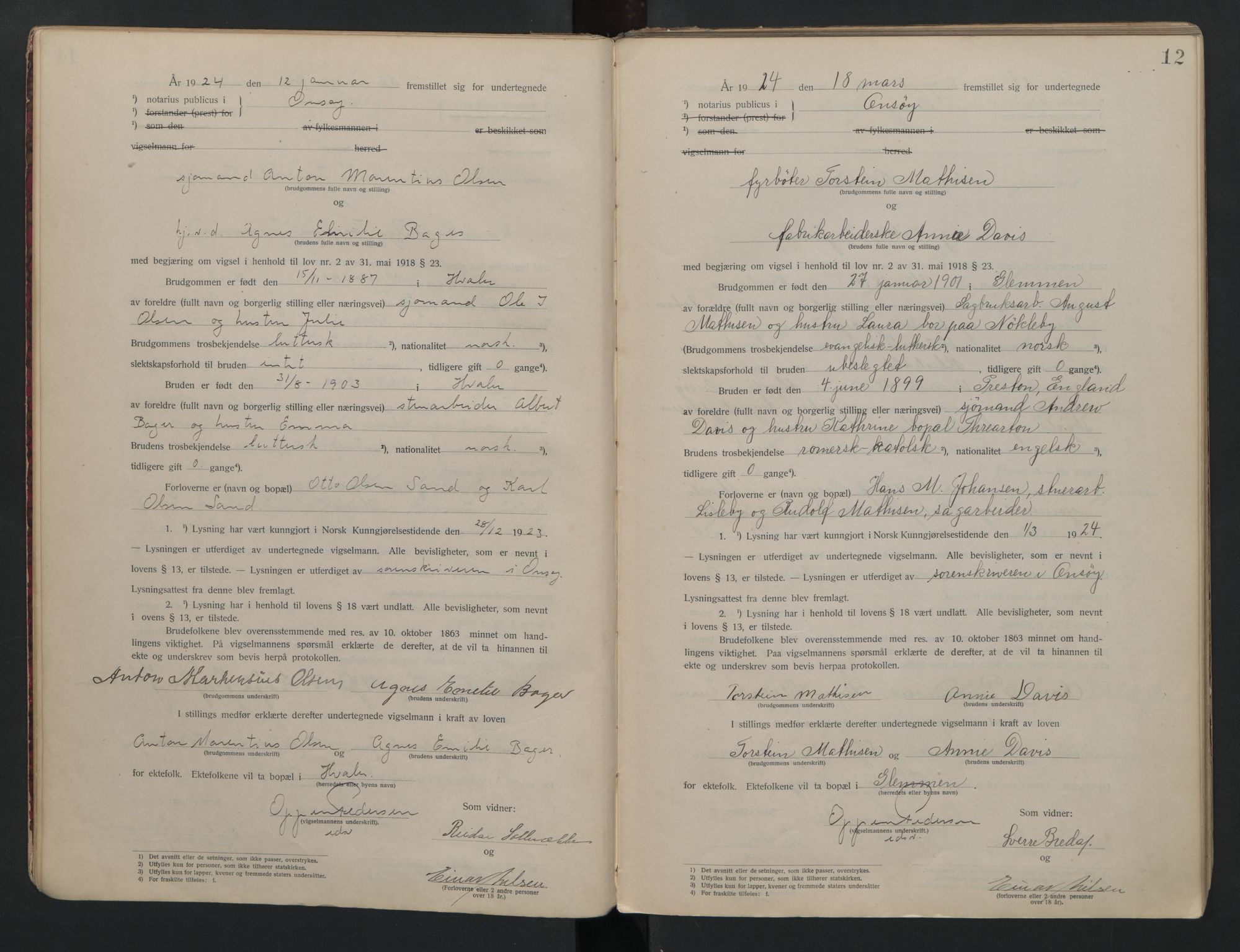 Onsøy sorenskriveri, AV/SAO-A-10474/L/La/L0001: Vigselsbok, 1920-1942, s. 12