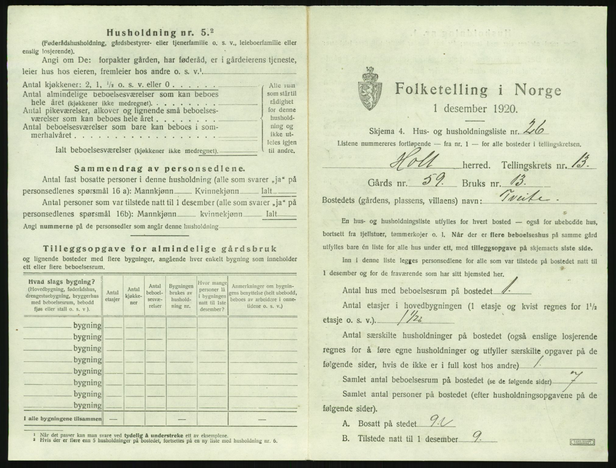 SAK, Folketelling 1920 for 0914 Holt herred, 1920, s. 1406