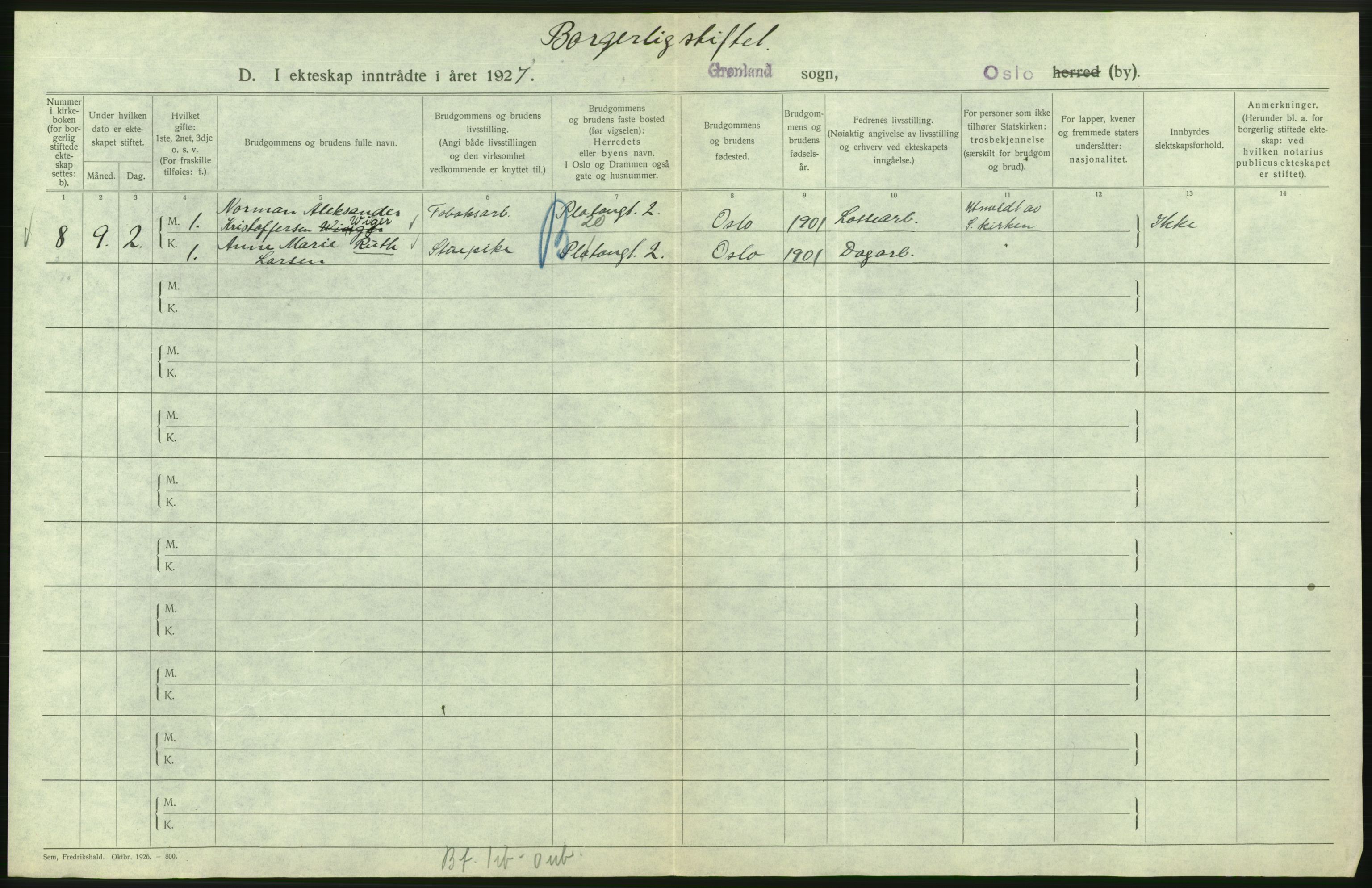 Statistisk sentralbyrå, Sosiodemografiske emner, Befolkning, AV/RA-S-2228/D/Df/Dfc/Dfcg/L0008: Oslo: Gifte, 1927, s. 514