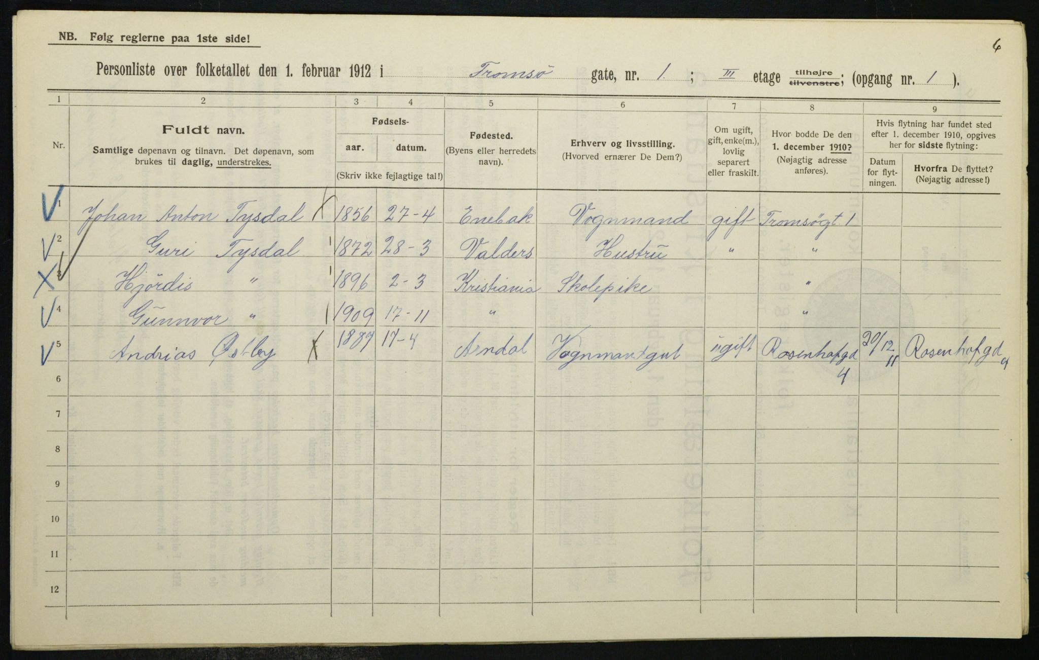 OBA, Kommunal folketelling 1.2.1912 for Kristiania, 1912, s. 115619