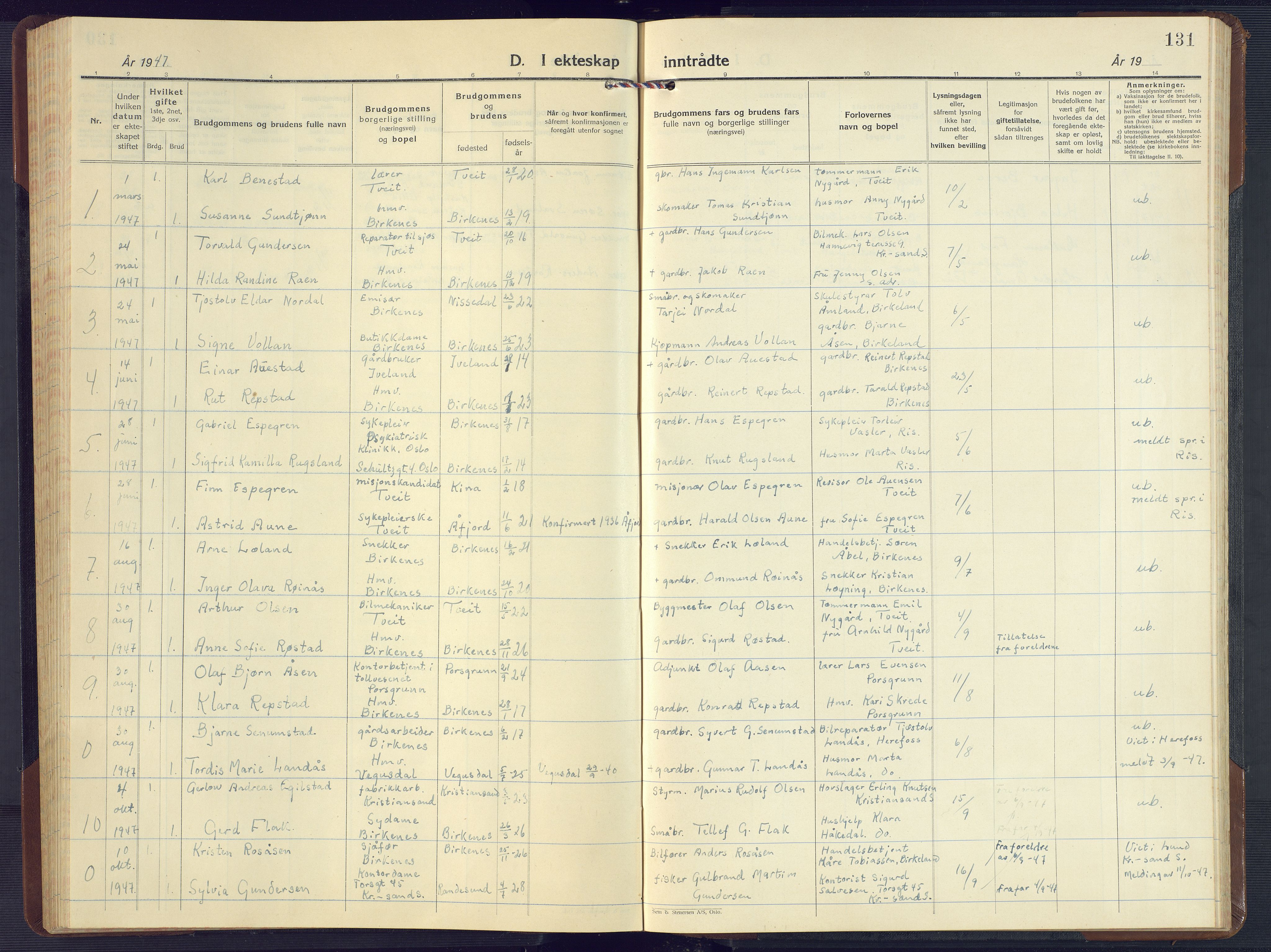 Birkenes sokneprestkontor, SAK/1111-0004/F/Fb/L0005: Klokkerbok nr. B 5, 1930-1957, s. 131