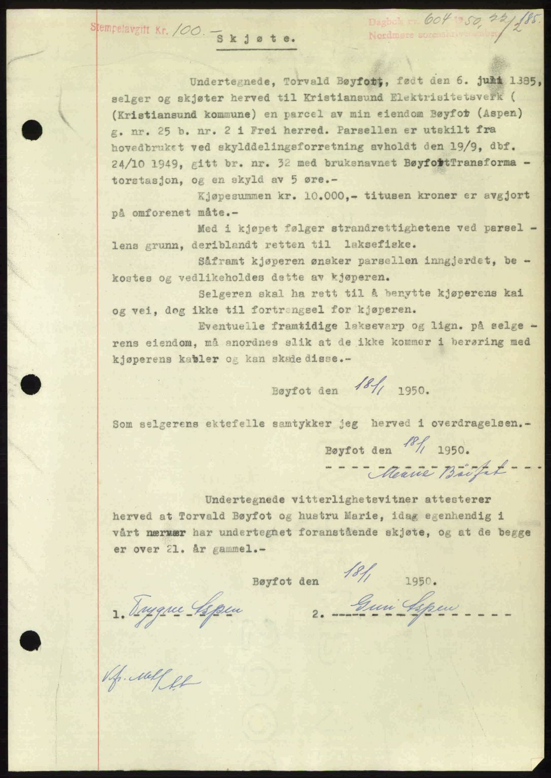 Nordmøre sorenskriveri, SAT/A-4132/1/2/2Ca: Pantebok nr. A114, 1950-1950, Dagboknr: 604/1950