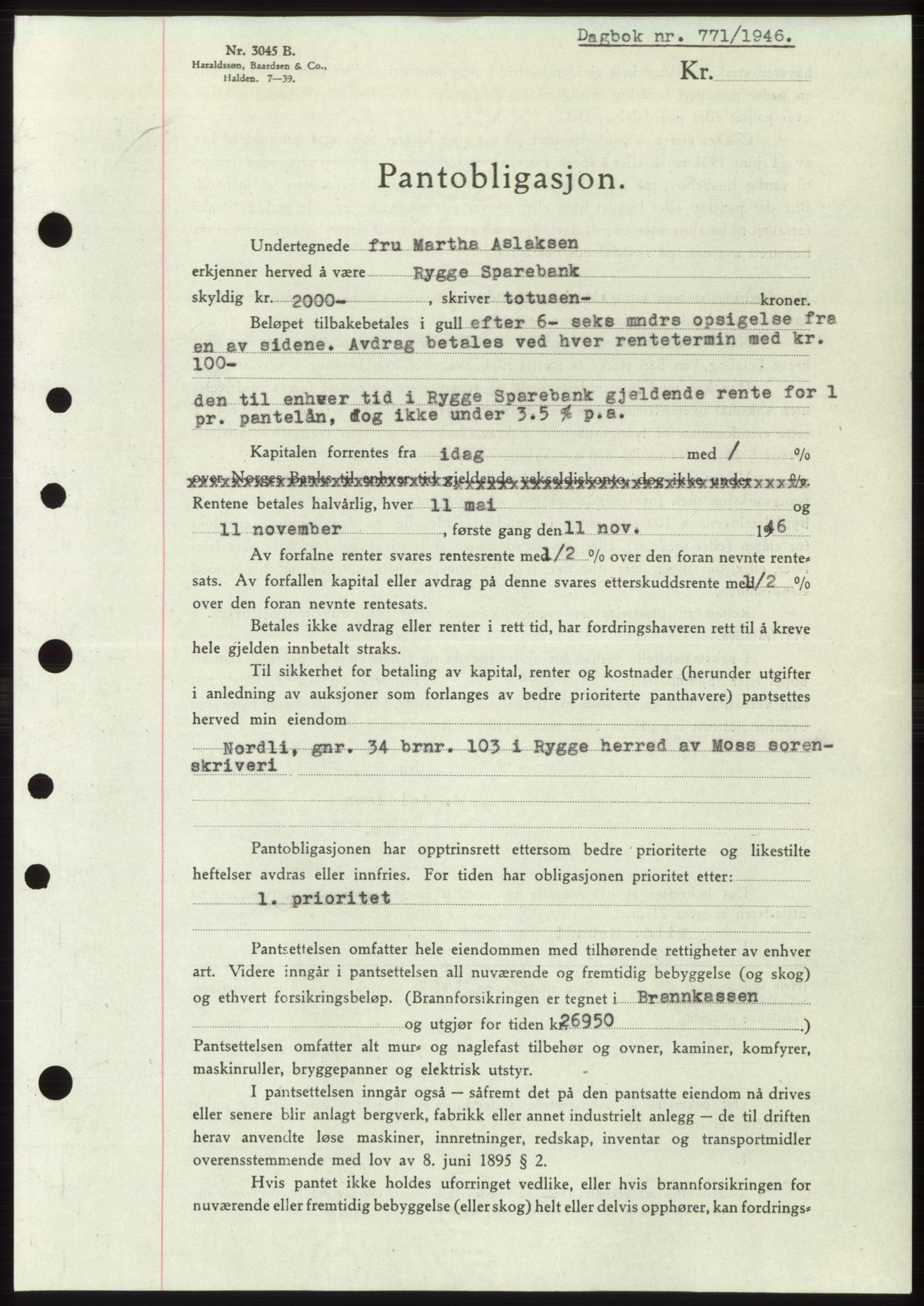Moss sorenskriveri, SAO/A-10168: Pantebok nr. B15, 1946-1946, Dagboknr: 771/1946