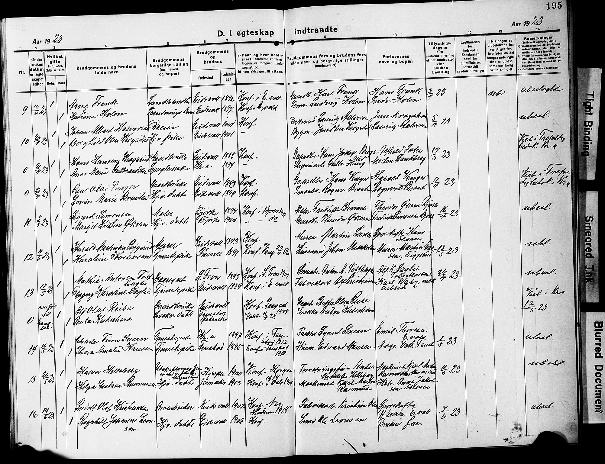 Eidsvoll prestekontor Kirkebøker, AV/SAO-A-10888/G/Ga/L0010: Klokkerbok nr. I 10, 1919-1929, s. 195