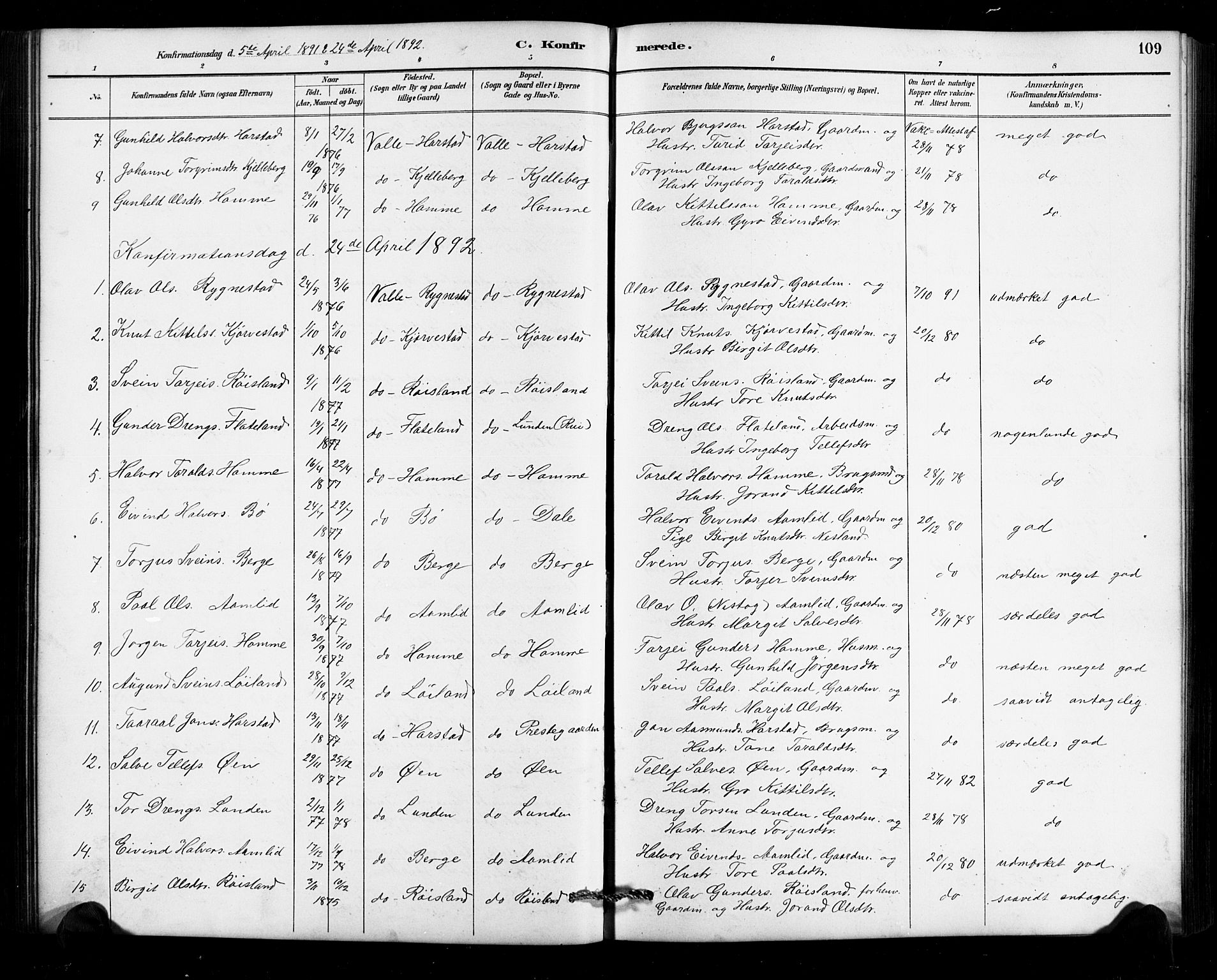 Valle sokneprestkontor, AV/SAK-1111-0044/F/Fb/Fbc/L0004: Klokkerbok nr. B 4, 1890-1928, s. 109