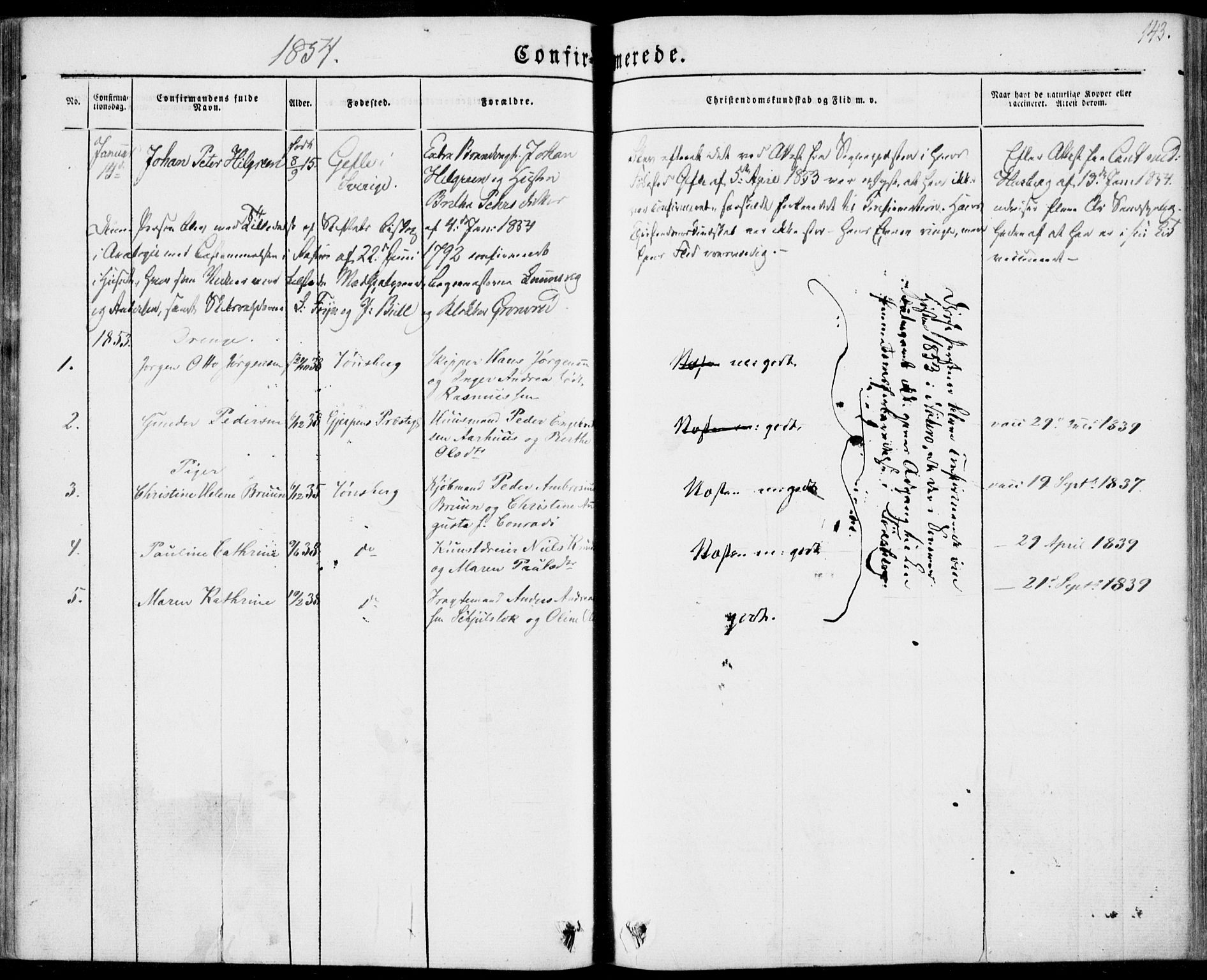 Tønsberg kirkebøker, AV/SAKO-A-330/F/Fa/L0007: Ministerialbok nr. I 7, 1845-1854, s. 143