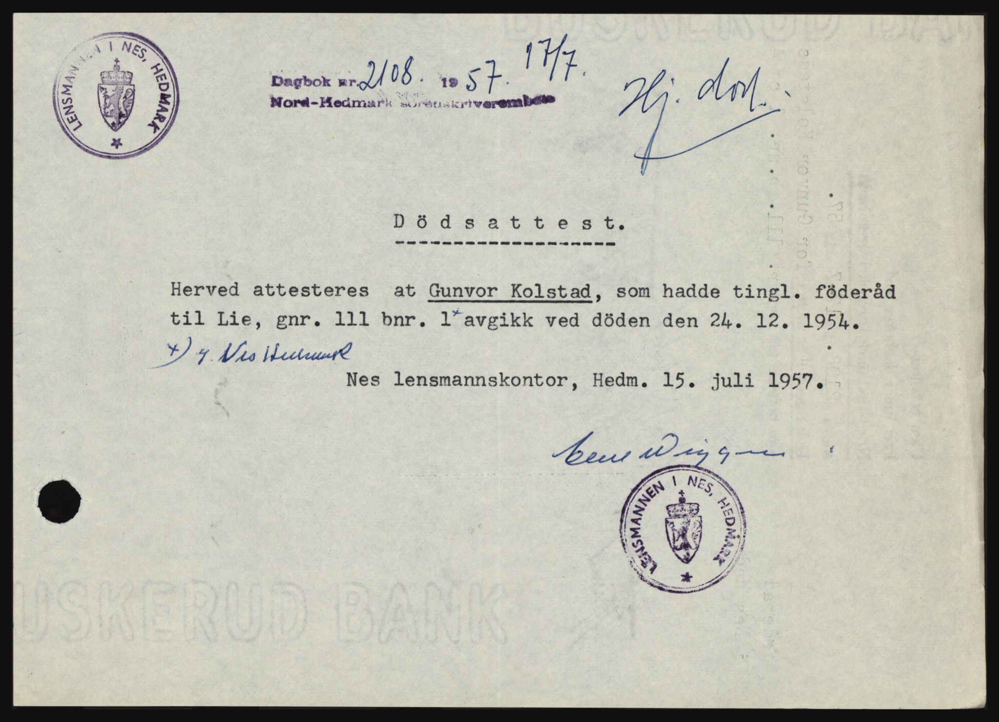 Nord-Hedmark sorenskriveri, SAH/TING-012/H/Hc/L0011: Pantebok nr. 11, 1956-1957, Dagboknr: 2108/1957