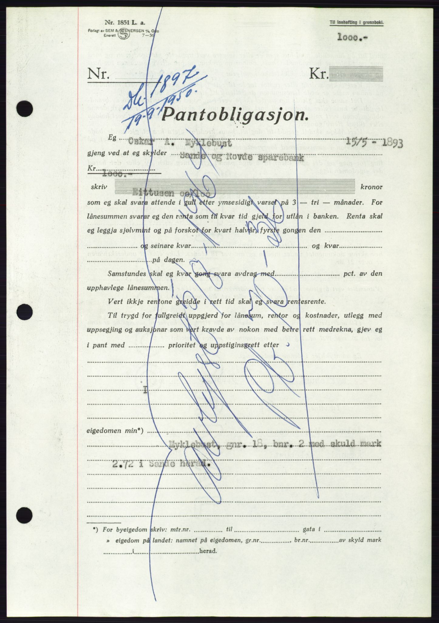 Søre Sunnmøre sorenskriveri, AV/SAT-A-4122/1/2/2C/L0119: Pantebok nr. 7B, 1950-1951, Dagboknr: 1897/1950