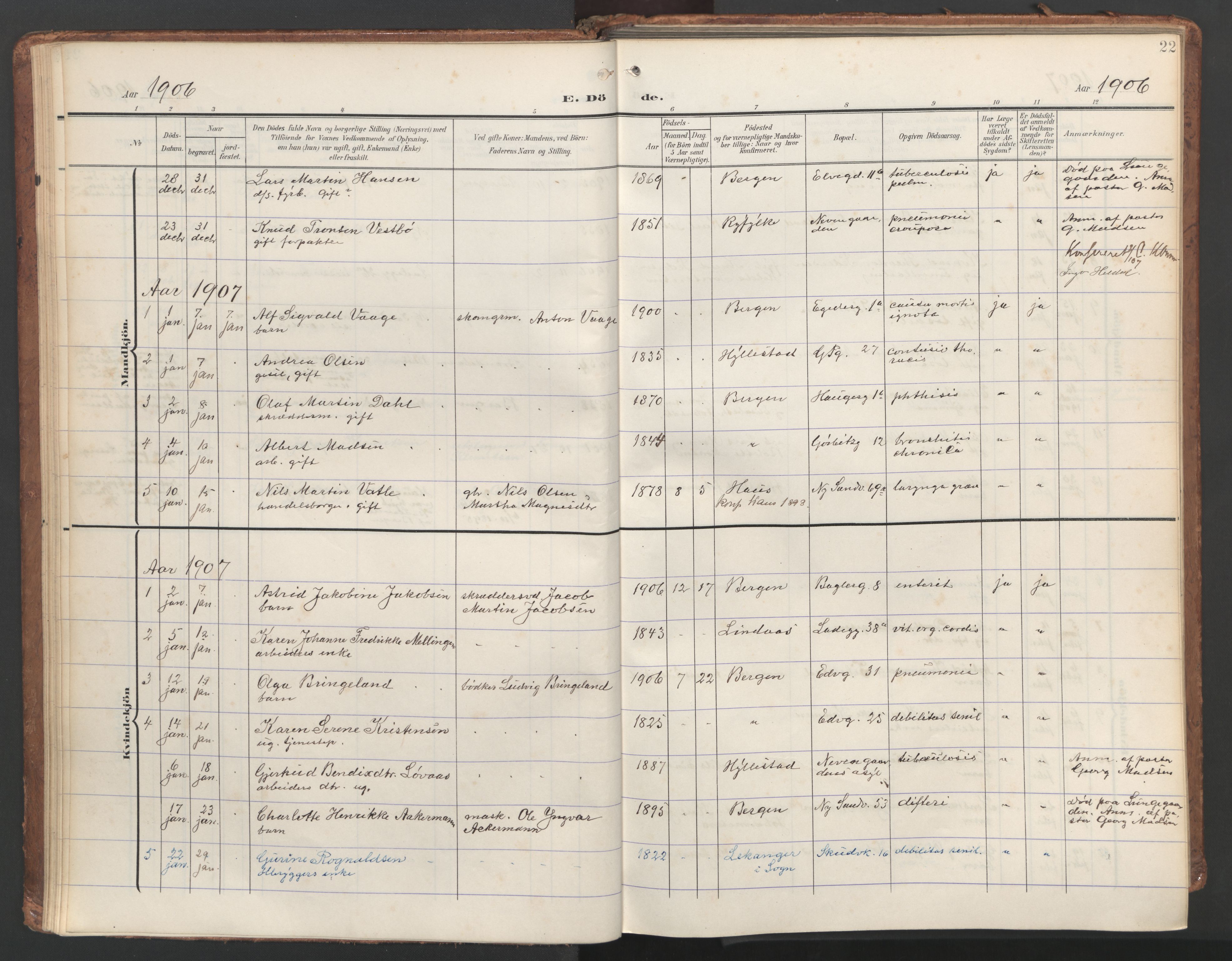 Sandviken Sokneprestembete, SAB/A-77601/H/Ha/L0019: Ministerialbok nr. E 2, 1905-1933, s. 22