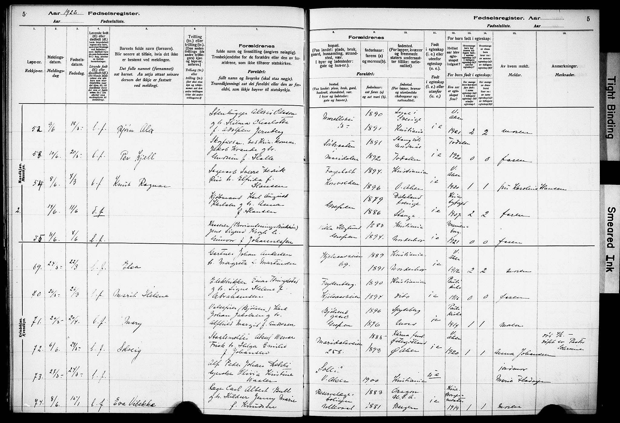 Vestre Aker prestekontor Kirkebøker, AV/SAO-A-10025/J/Ja/L0002: Fødselsregister nr. 2, 1922-1926, s. 5