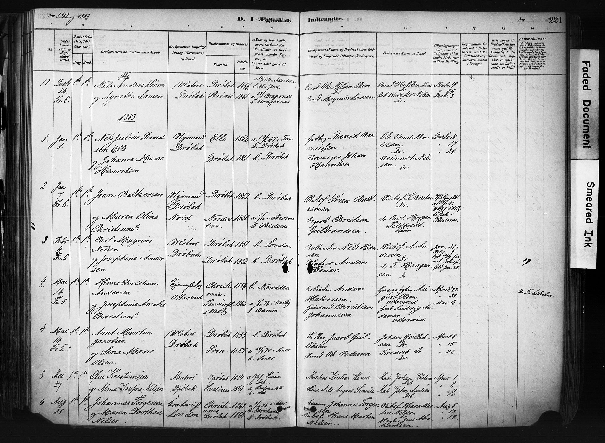 Drøbak prestekontor Kirkebøker, AV/SAO-A-10142a/F/Fb/L0001: Ministerialbok nr. II 1, 1878-1891, s. 221