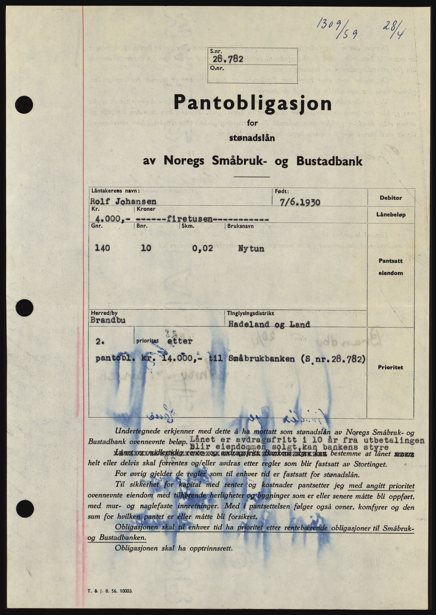 Hadeland og Land tingrett, SAH/TING-010/H/Hb/Hbc/L0040: Pantebok nr. B40, 1959-1959, Dagboknr: 1309/1959