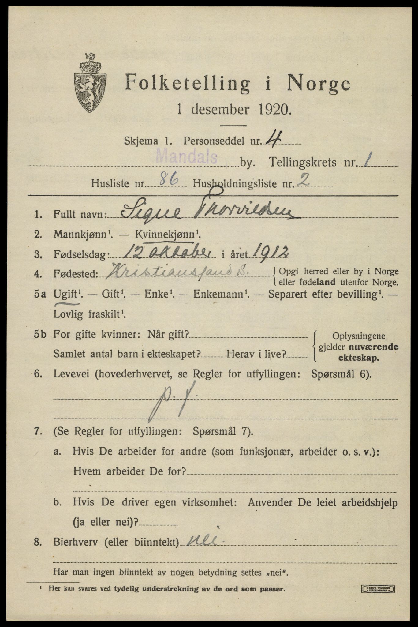 SAK, Folketelling 1920 for 1002 Mandal ladested, 1920, s. 4139