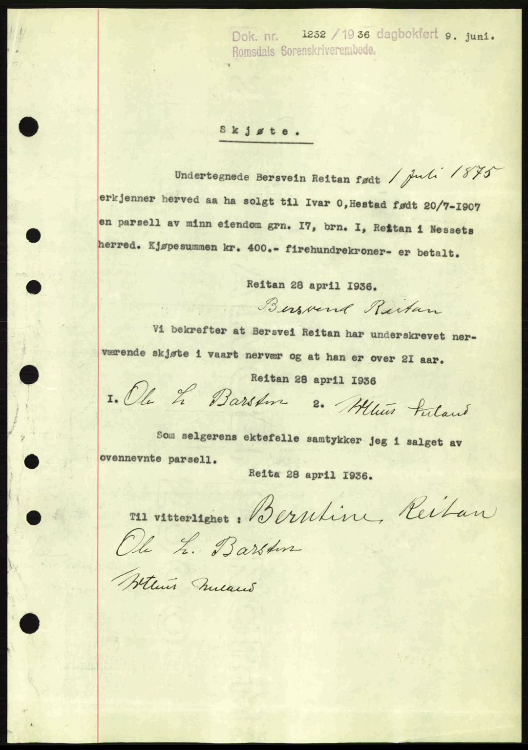 Romsdal sorenskriveri, SAT/A-4149/1/2/2C: Pantebok nr. A1, 1936-1936, Dagboknr: 1232/1936