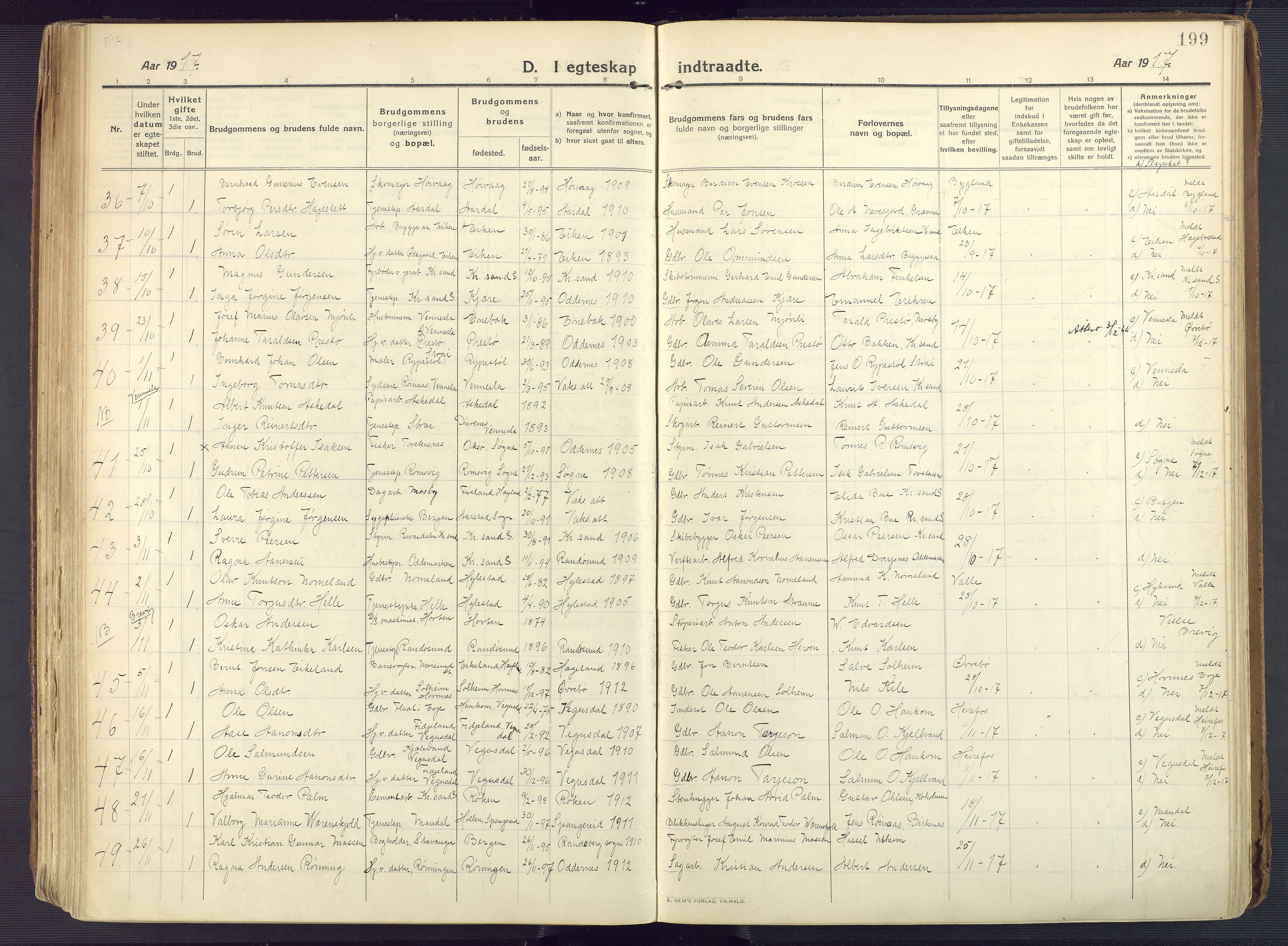 Oddernes sokneprestkontor, AV/SAK-1111-0033/F/Fa/Faa/L0012: Ministerialbok nr. A 12, 1912-1925, s. 199