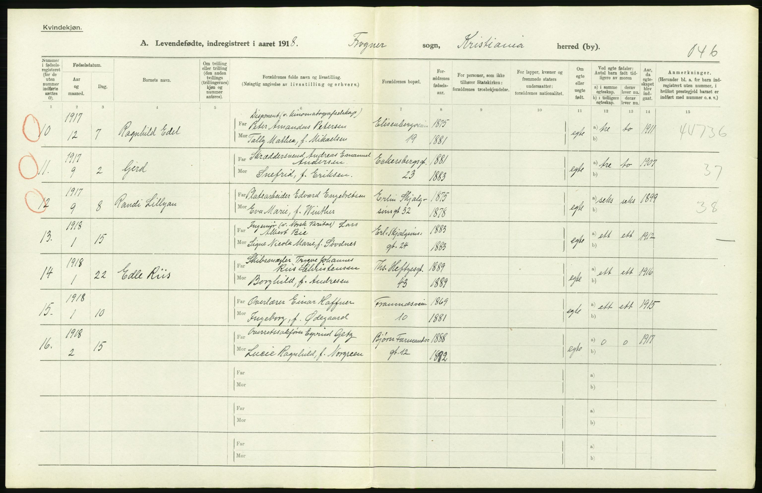 Statistisk sentralbyrå, Sosiodemografiske emner, Befolkning, AV/RA-S-2228/D/Df/Dfb/Dfbh/L0007: Kristiania: Levendefødte menn og kvinner., 1918, s. 470