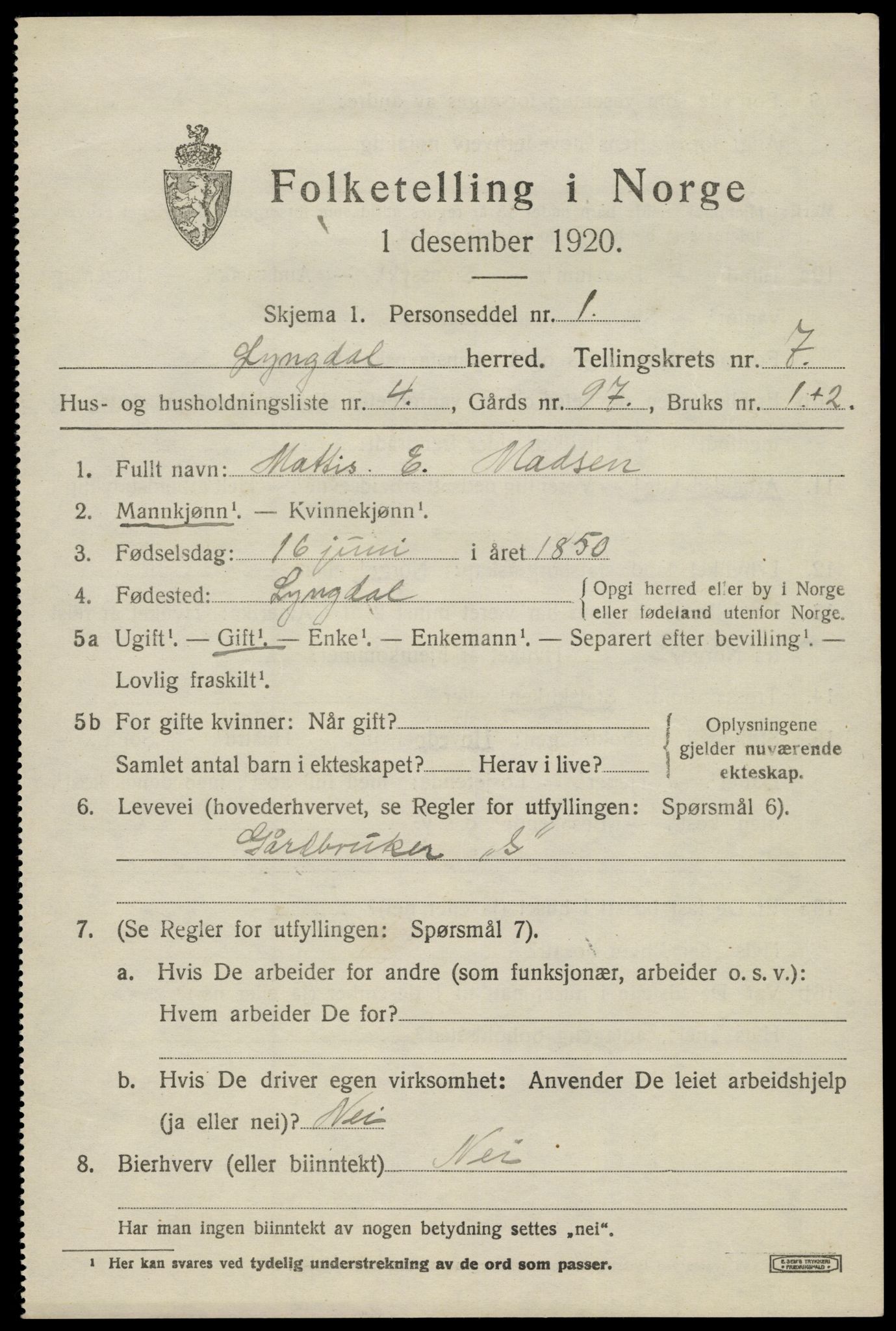 SAK, Folketelling 1920 for 1032 Lyngdal herred, 1920, s. 3941