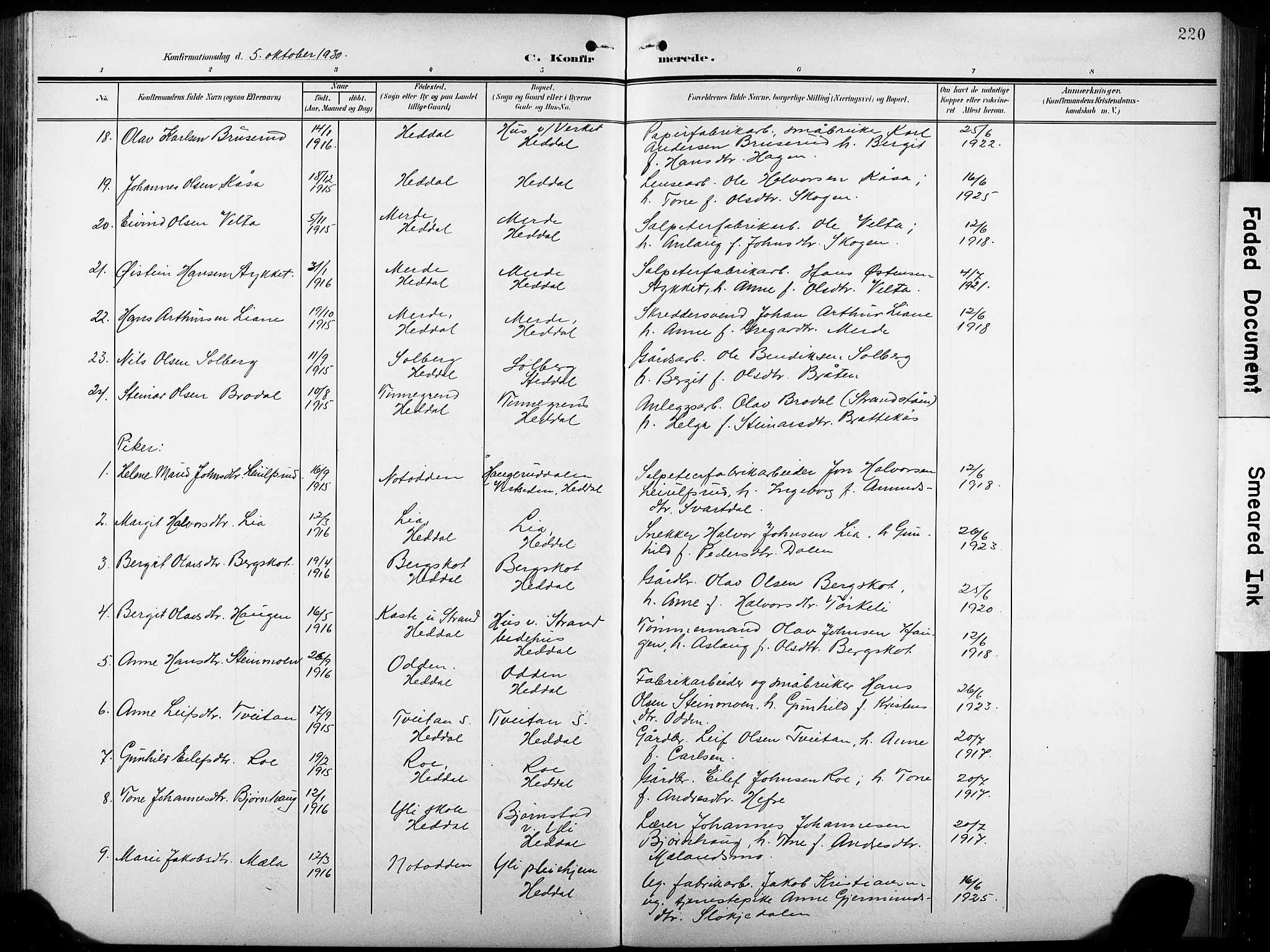 Heddal kirkebøker, AV/SAKO-A-268/G/Ga/L0003: Klokkerbok nr. I 3, 1908-1932, s. 220