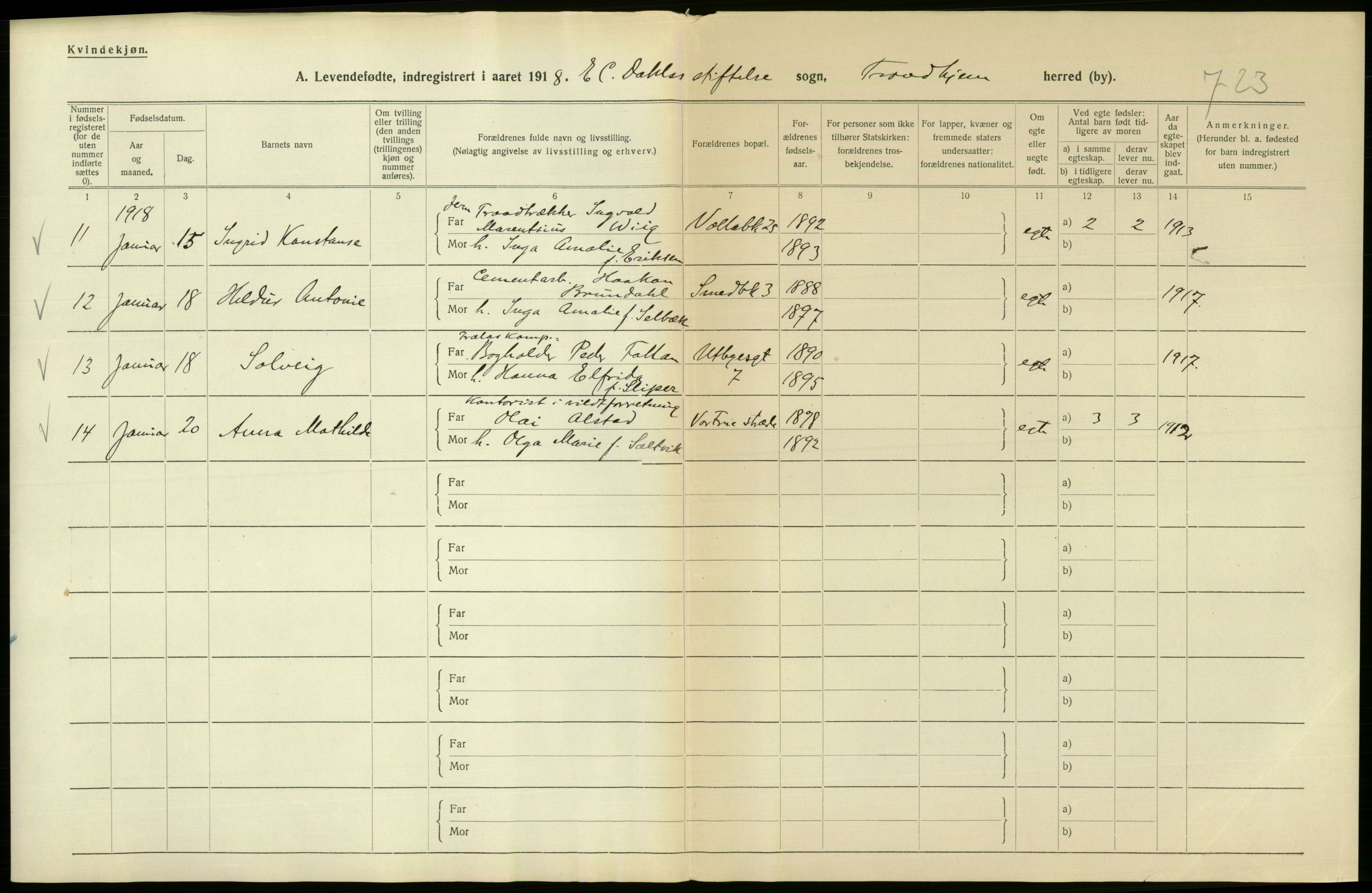 Statistisk sentralbyrå, Sosiodemografiske emner, Befolkning, AV/RA-S-2228/D/Df/Dfb/Dfbh/L0048: Trondheim: Levendefødte menn og kvinner, gifte., 1918, s. 618